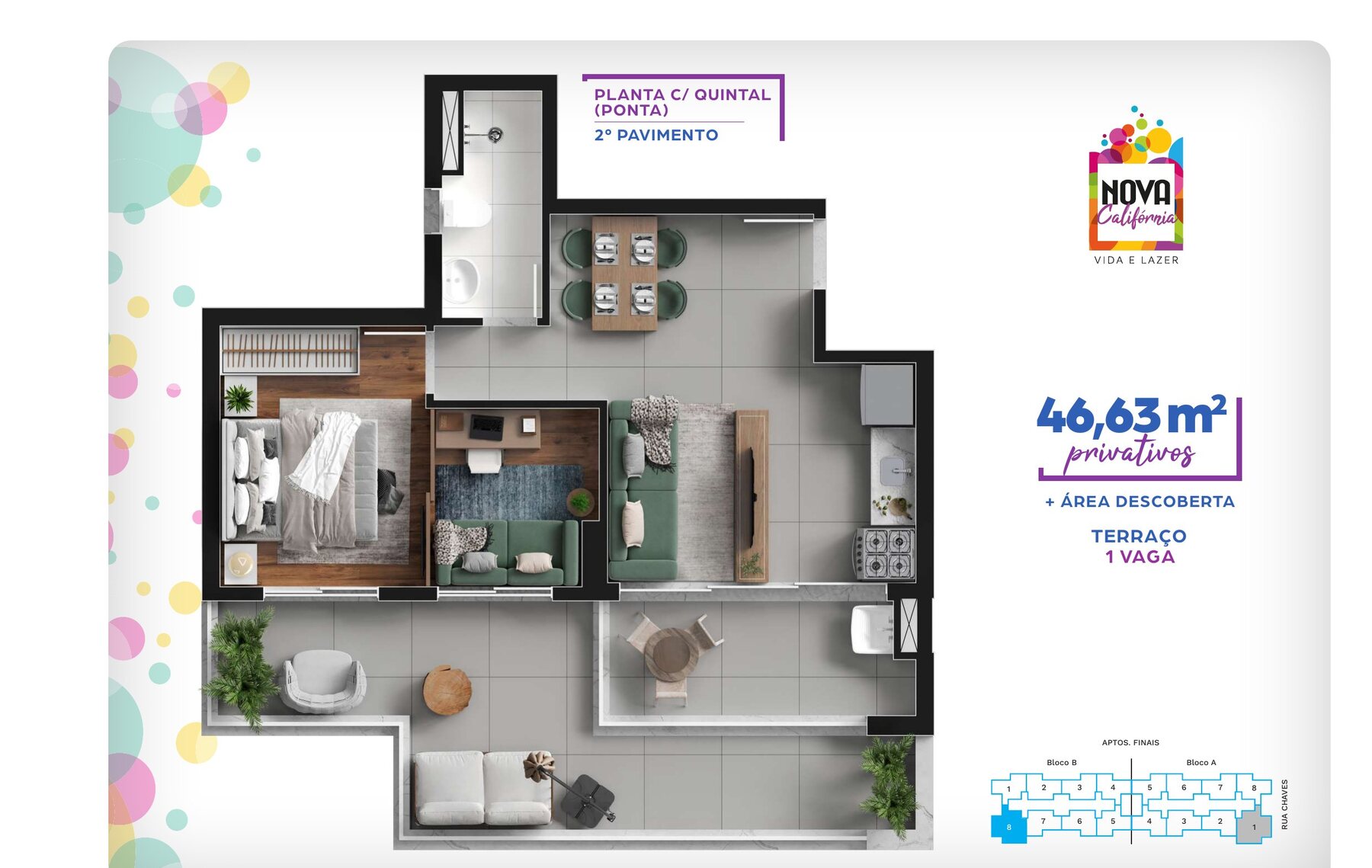 Planta de 46,63 m² — garden com quintal (2º pavimento) do Nova Califórnia
