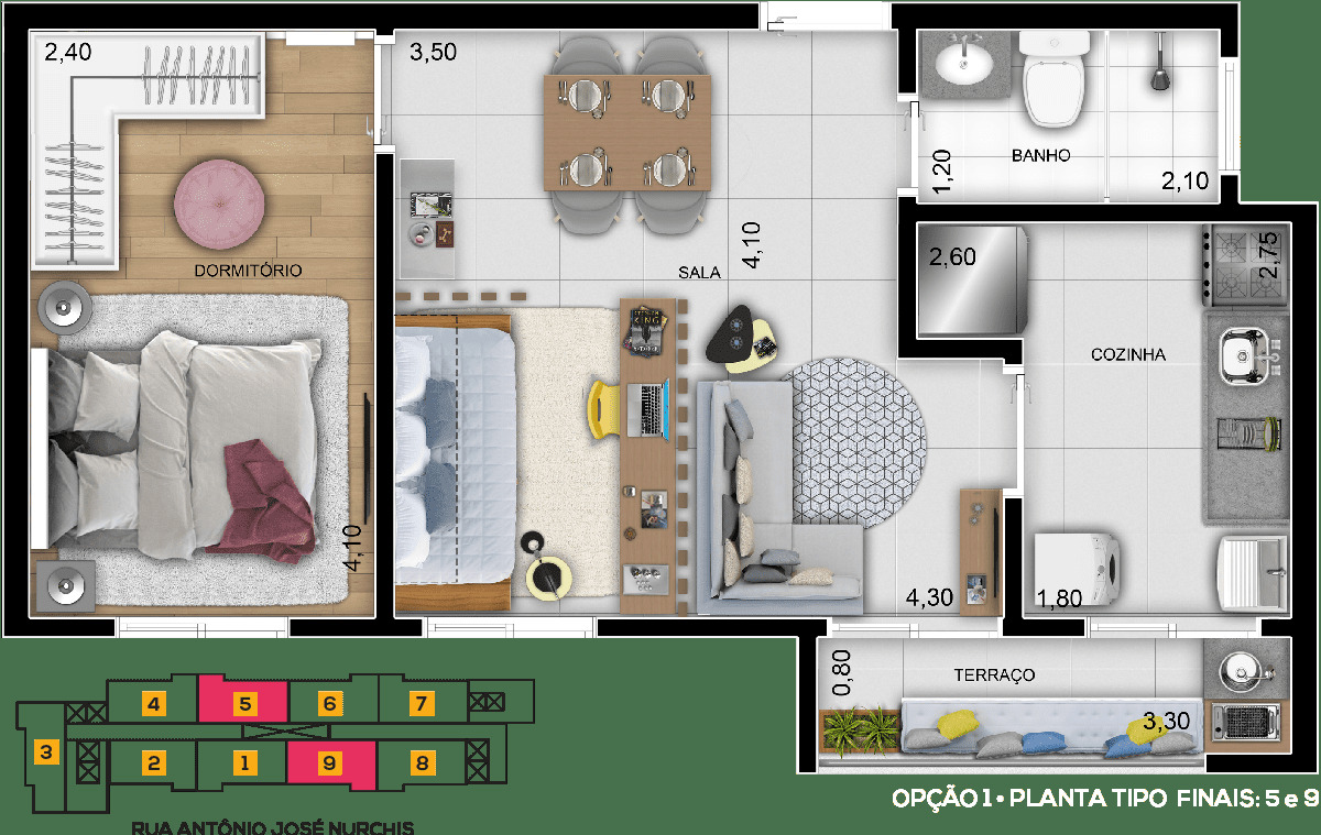 Planta de 43,31 m² do Park 650 Condomínio Clube