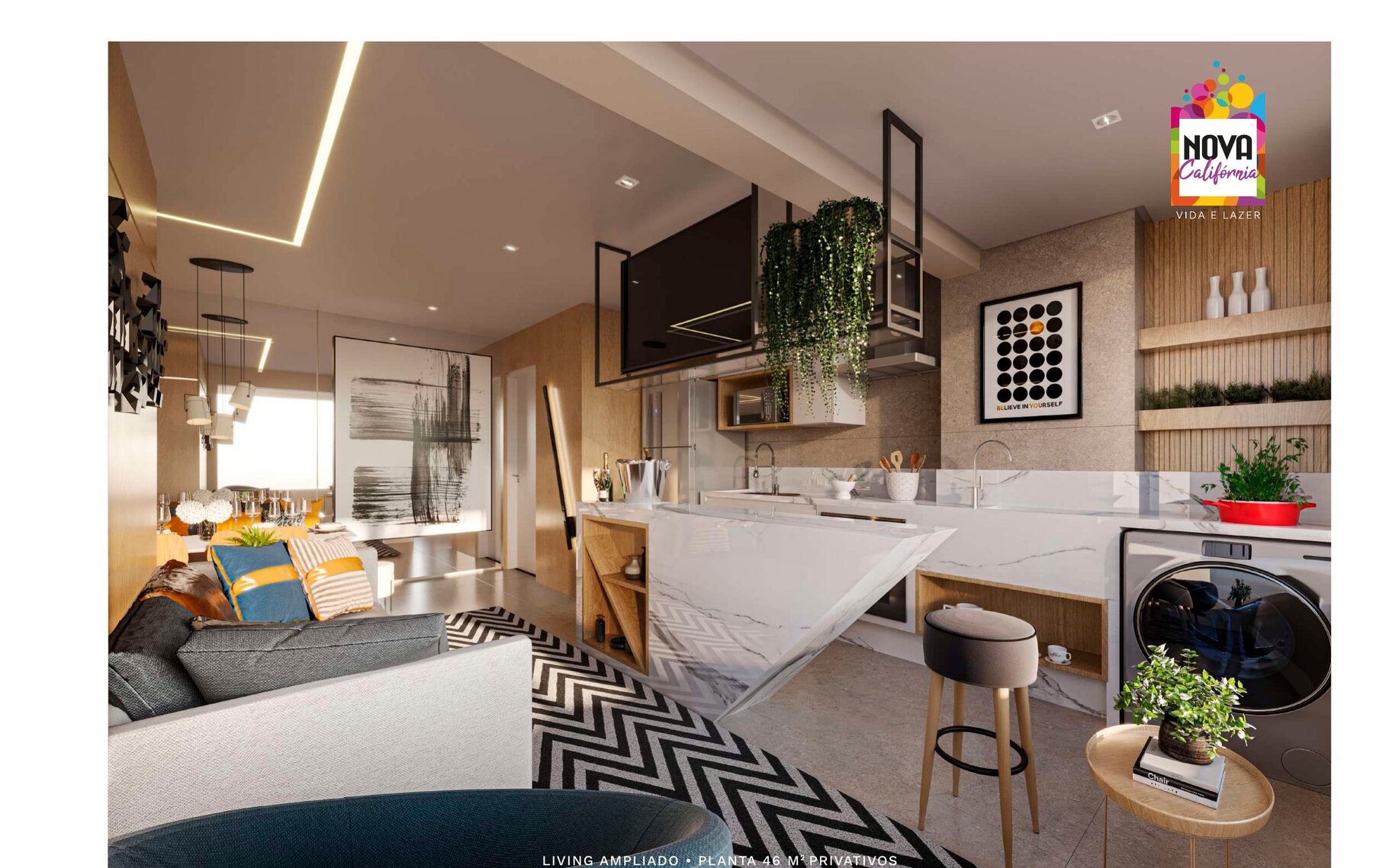 Living ampliado — planta de 46 m² — Nova Califórnia