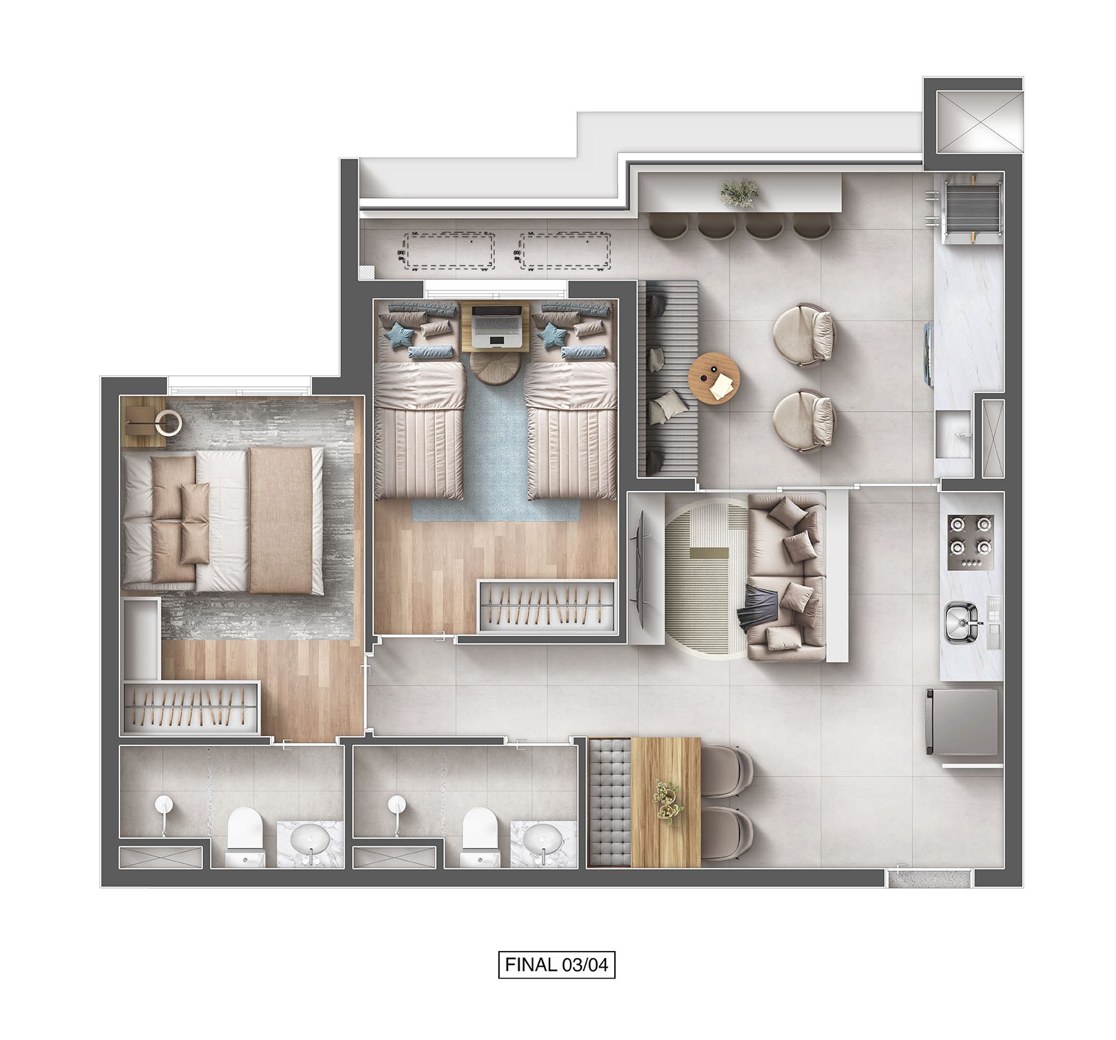Planta de 59 m² do Máxima Ares Altino