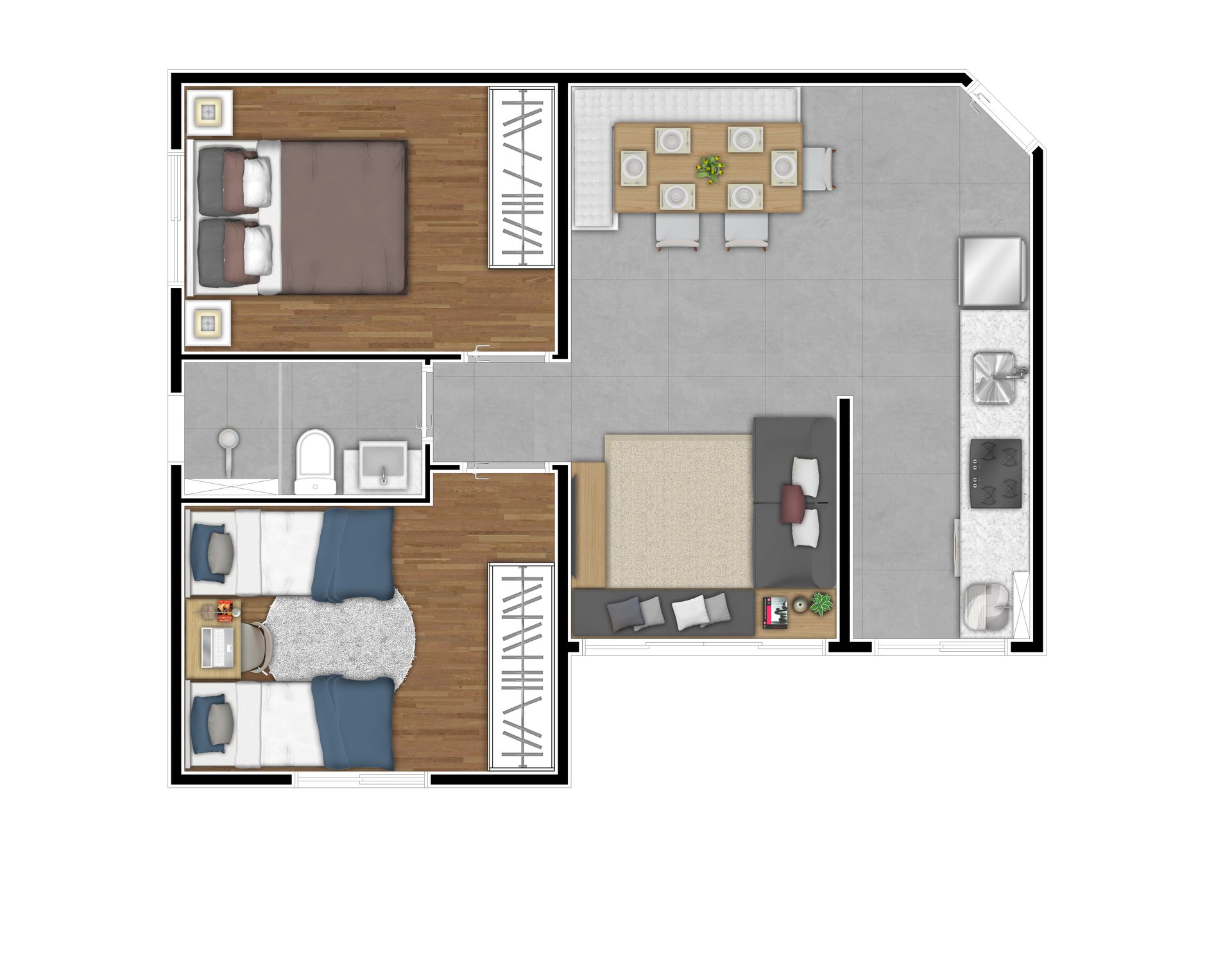 Planta de 2 dormitórios — finais 1, 2, 7 e 8 do Bella Cidade Itapevi