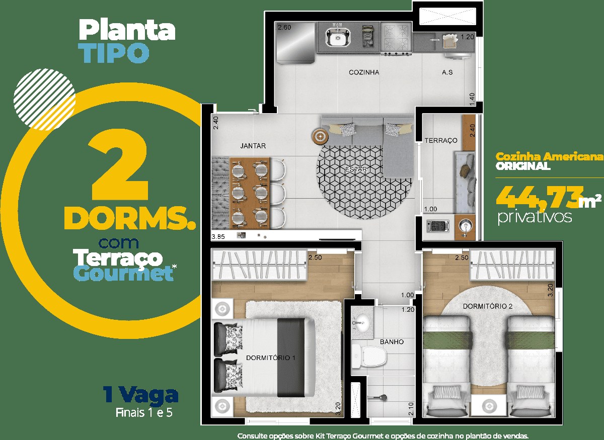 Planta de 44,73 m² do DeMAIS Bela Vista Residencial Clube