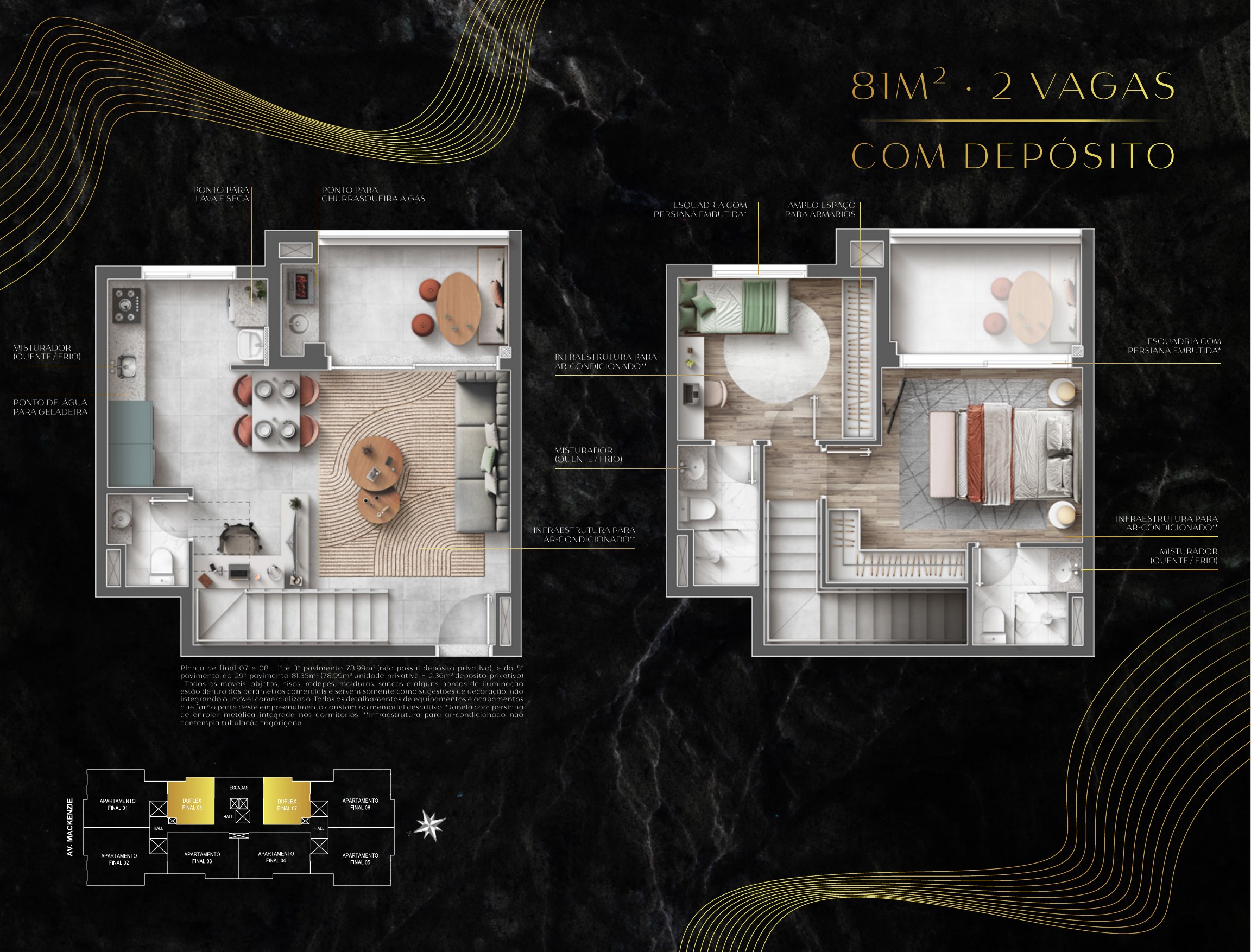 Planta de 78,99 e 81,35 m² (duplex) do Symmetry Residence