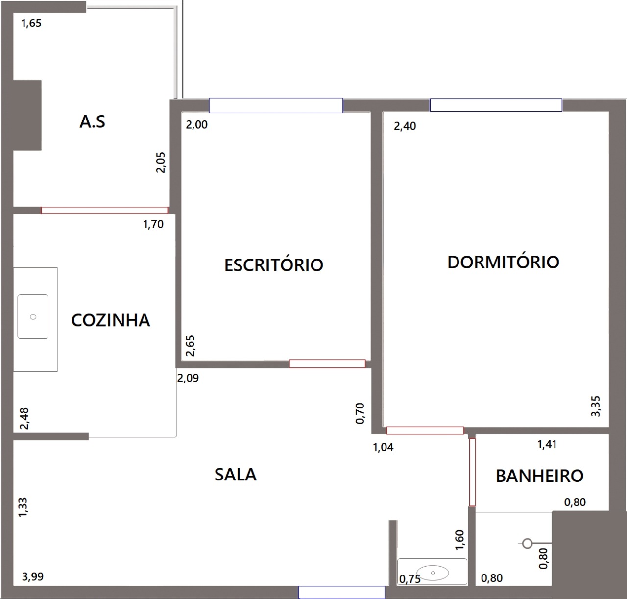 Planta de 35,99 m² a 36,27 m² do Solar das Violetas Residencial Clube