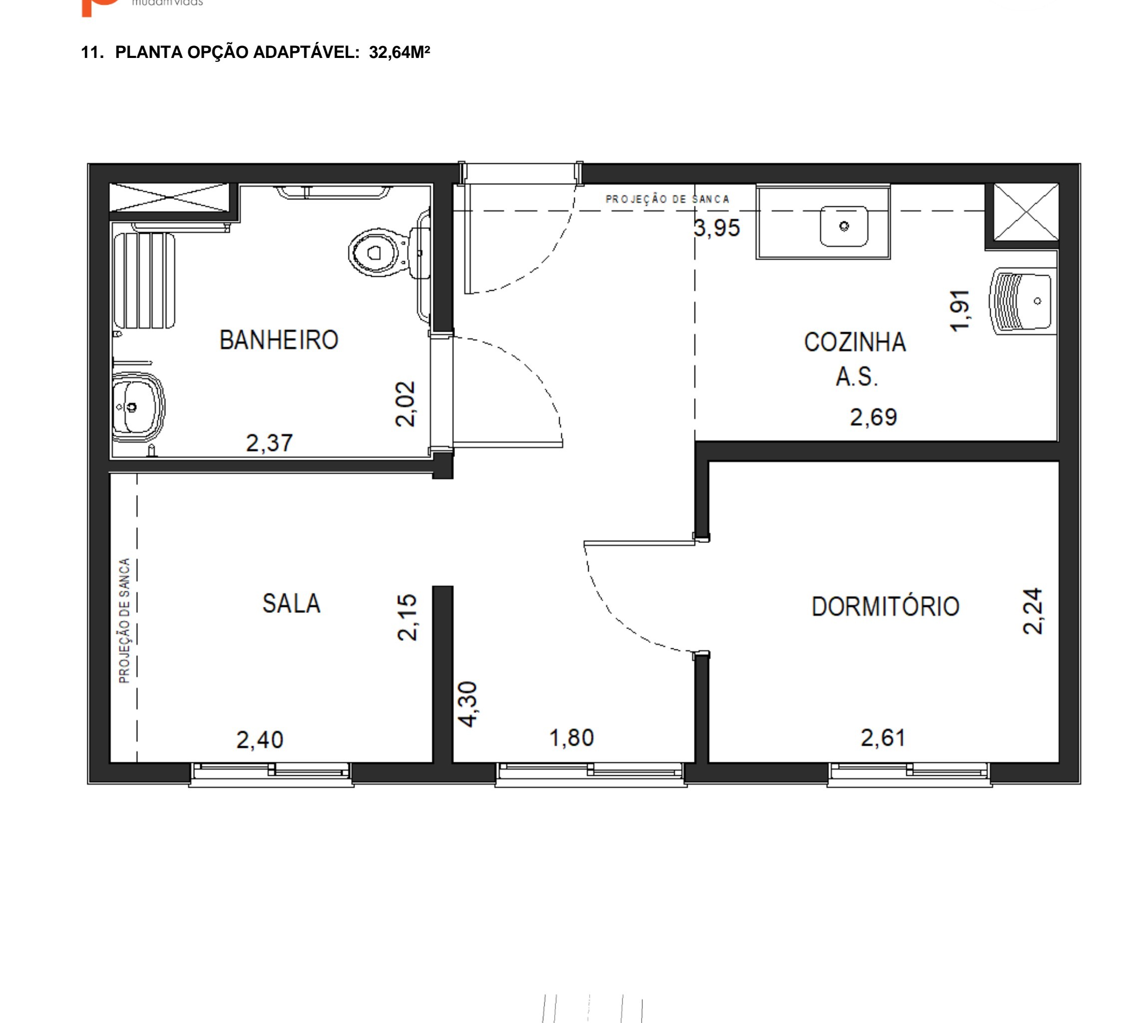 Planta de 32,64 m² do Via Cocá