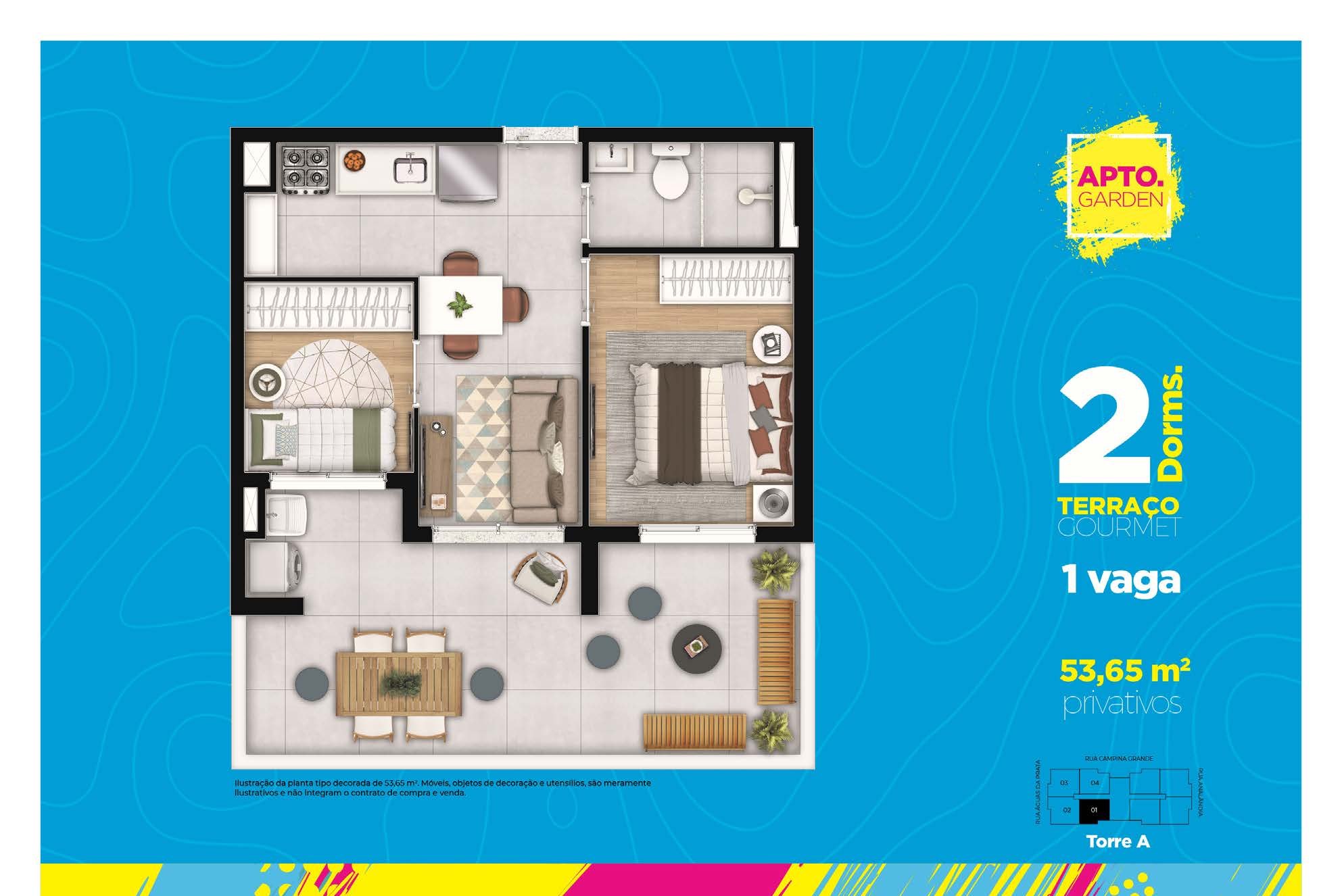 Planta de 53,65 m² — garden do Look Condomínio Clube