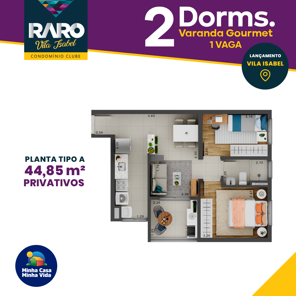Planta de 44,85 m² do RARO Vila Isabel Condomínio Clube