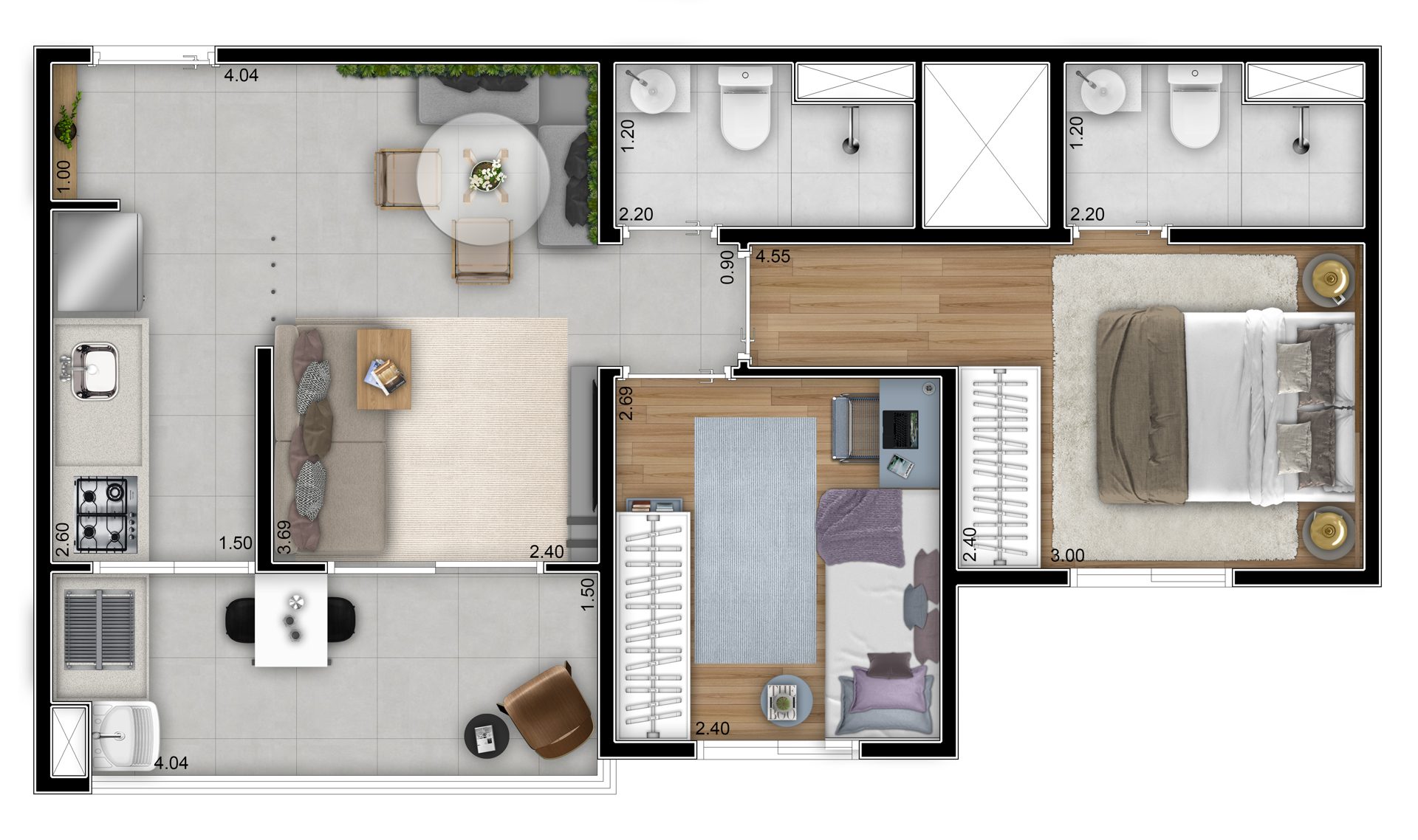Planta de 49,81 m² — 2 dorms com suíte do Maxim Home Club
