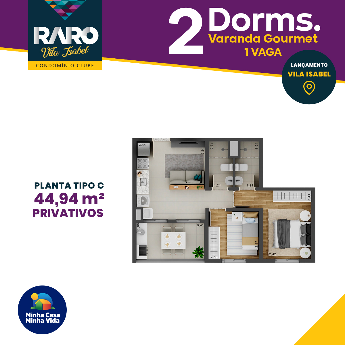 Planta de 44,94 m² do RARO Vila Isabel Condomínio Clube