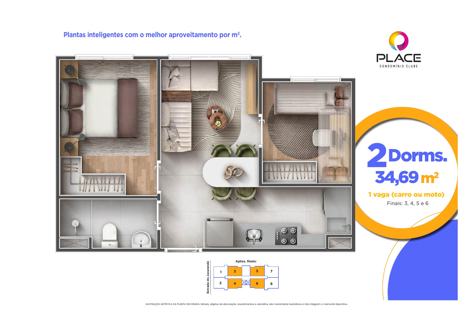 Planta de 34,69 m² do Place Condomínio Clube