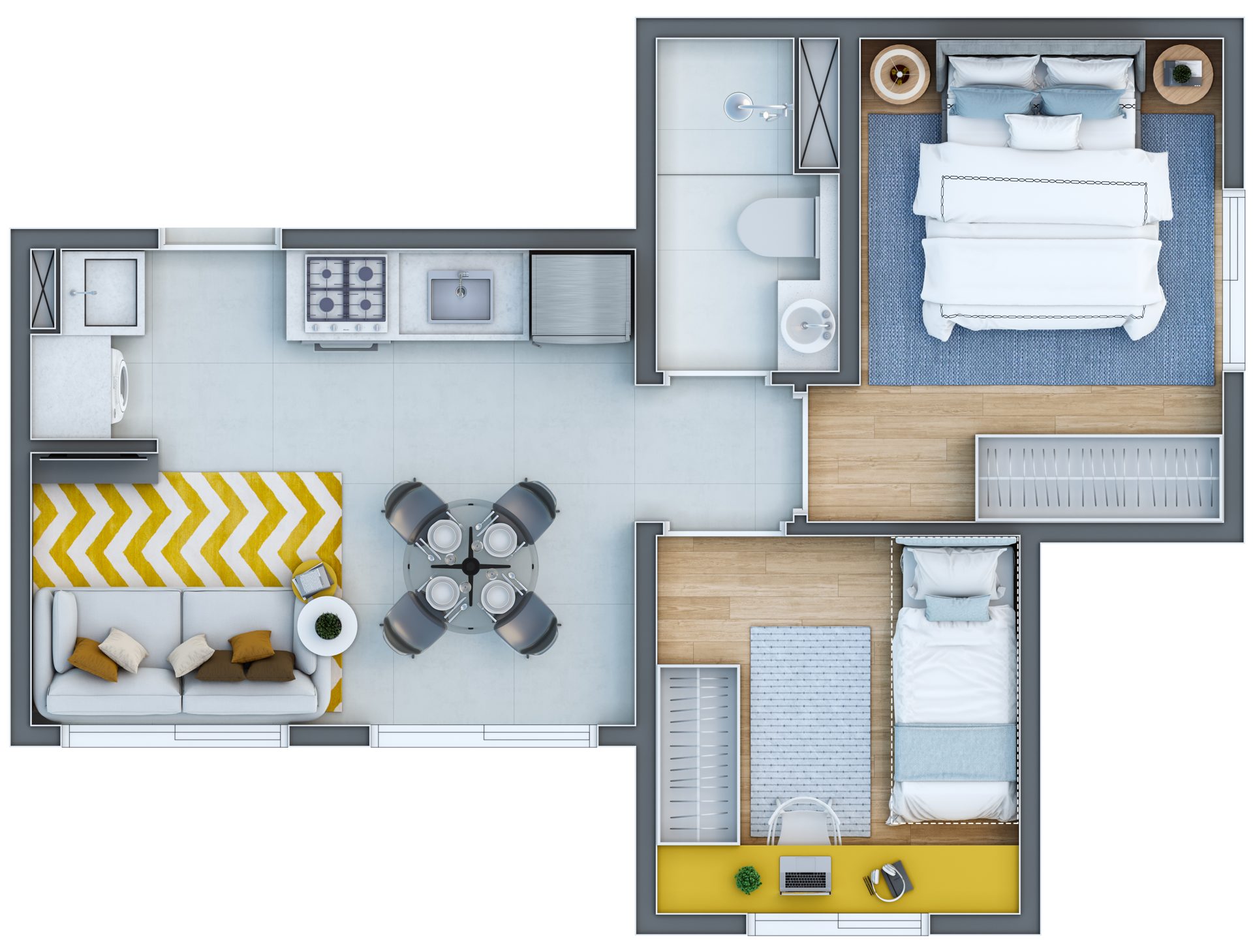 Planta de 34,66 m² — 2 dormitórios (torres 1–2) do Infinity Home Club