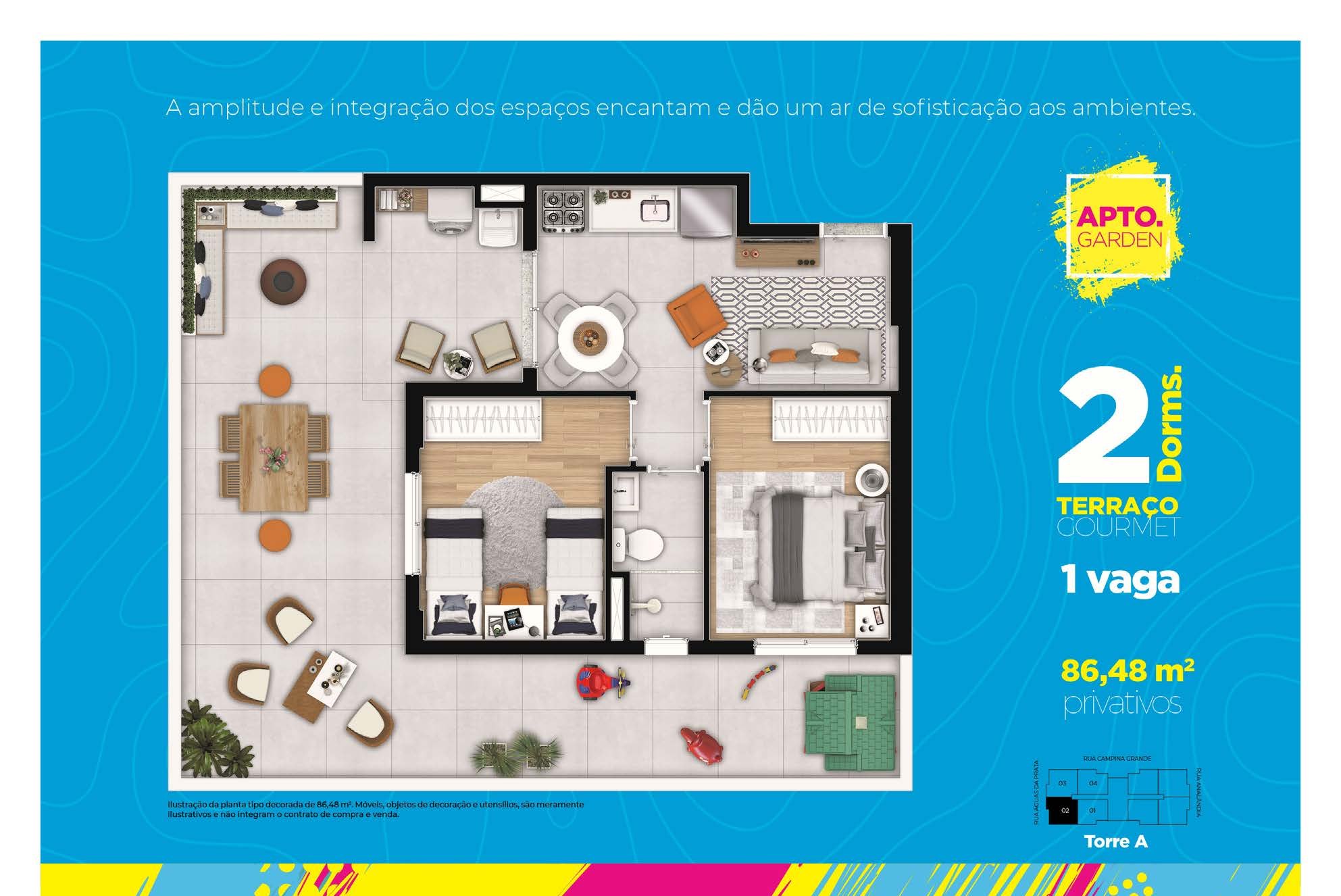 Planta de 86,48 m² — garden do Look Condomínio Clube