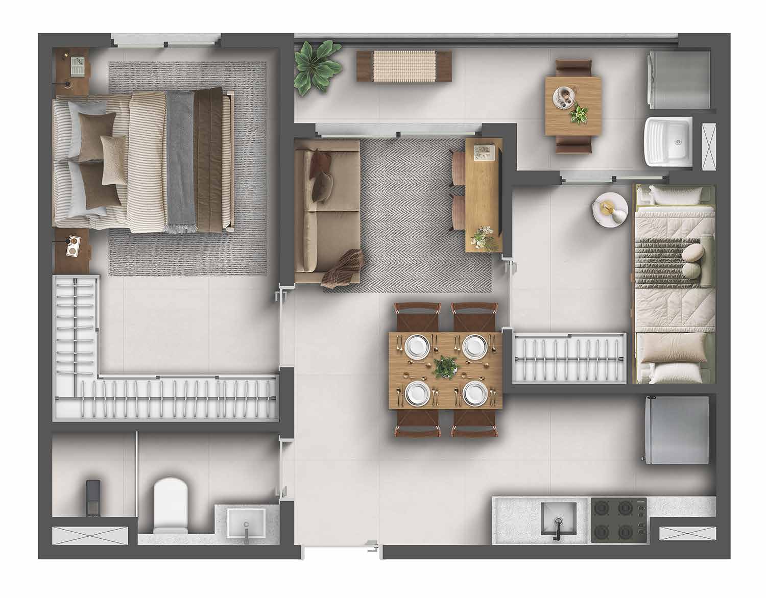 Planta de 39,16 m² do Residencial Momi by BP8