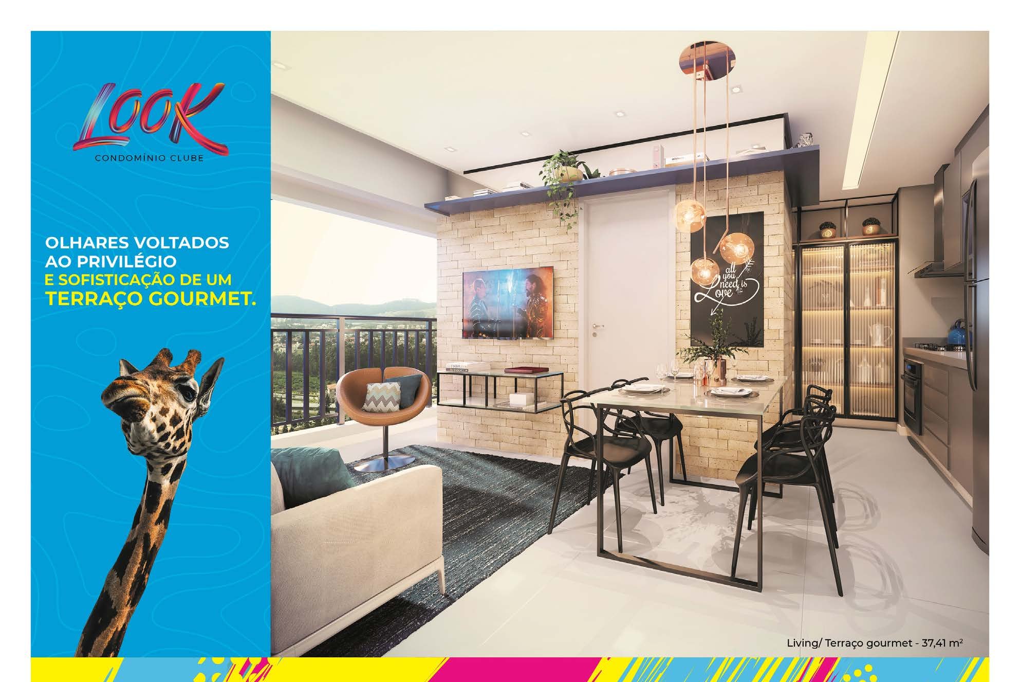 Living e terraço gourmet de 37,41 m² — Look Condomínio Clube