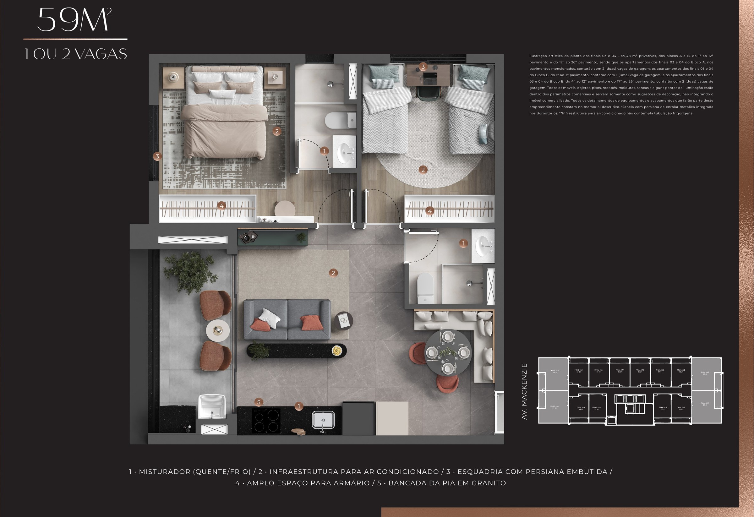 Planta de 59,48 m² do LIV Stay Residence