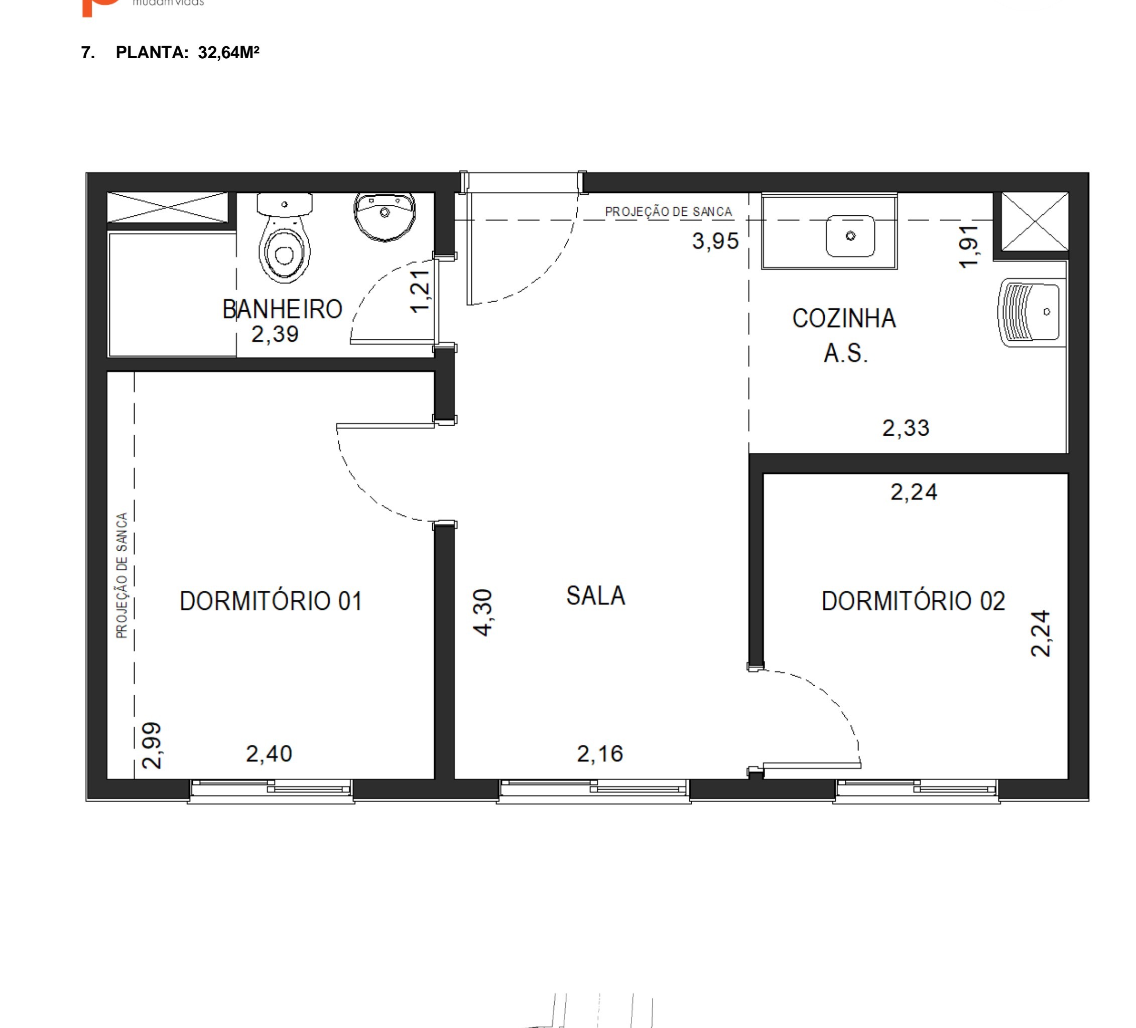 Planta de 32,64 m² do Via Cocá