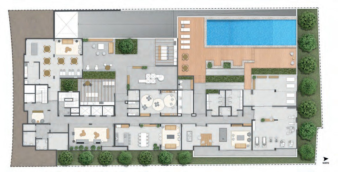 Implantação das áreas comuns do térreo e do 1º pavimento — Feeling Casa Verde
