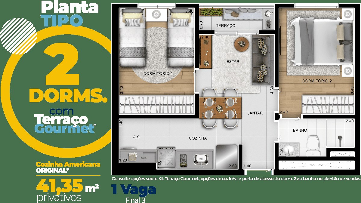Planta de 41,35 m² do DeMAIS Bela Vista Residencial Clube