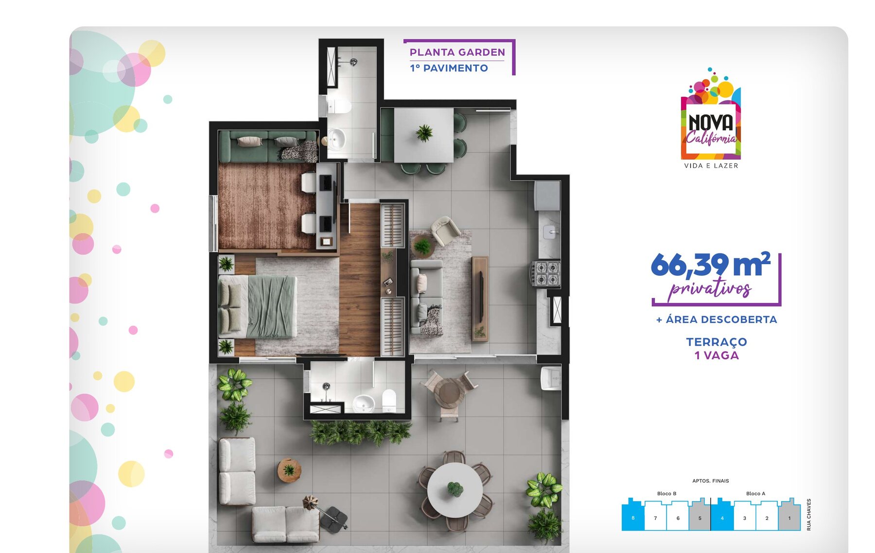 Planta de 66,39 m² — garden (1º pavimento) do Nova Califórnia