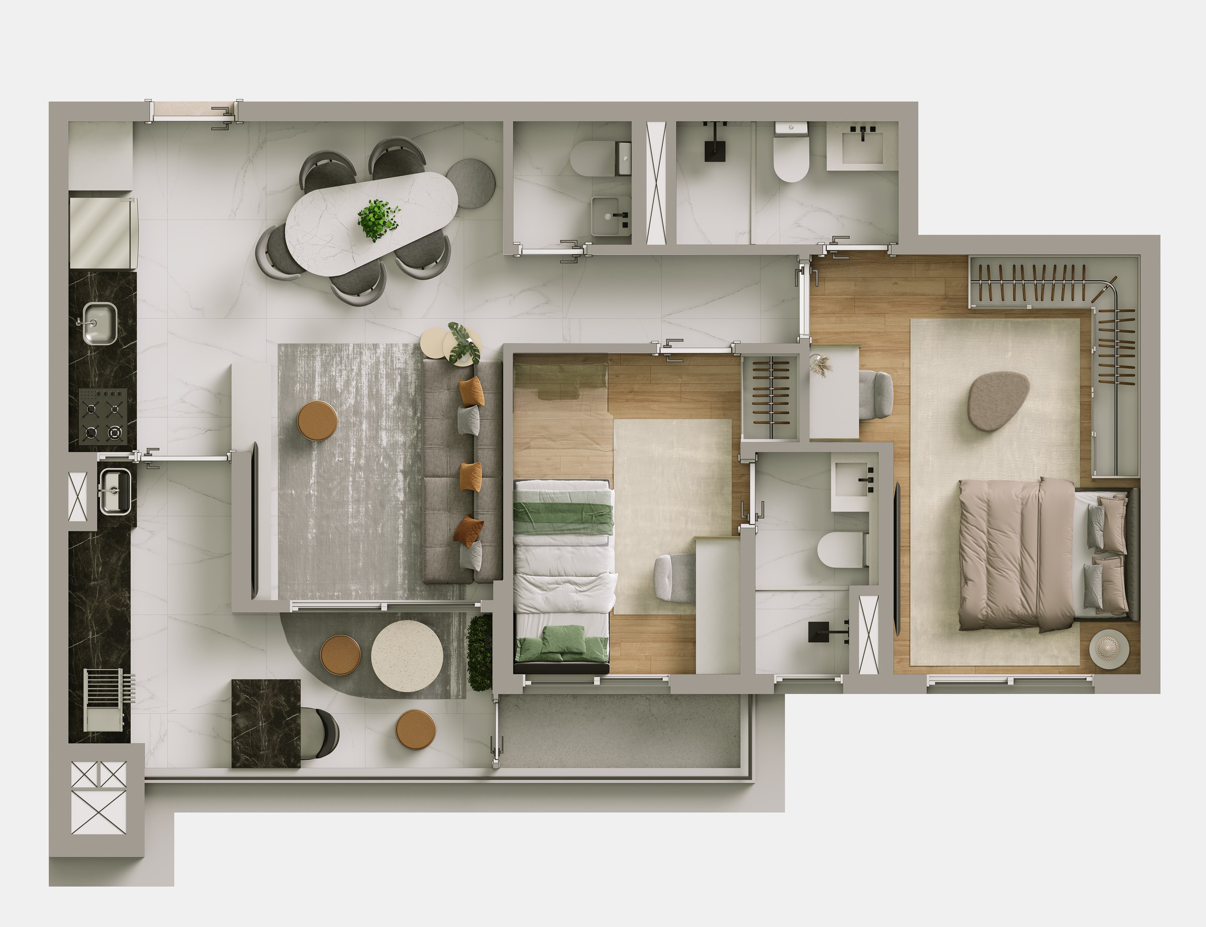 Planta de 67 m² — 2 suítes do Alpha Park View