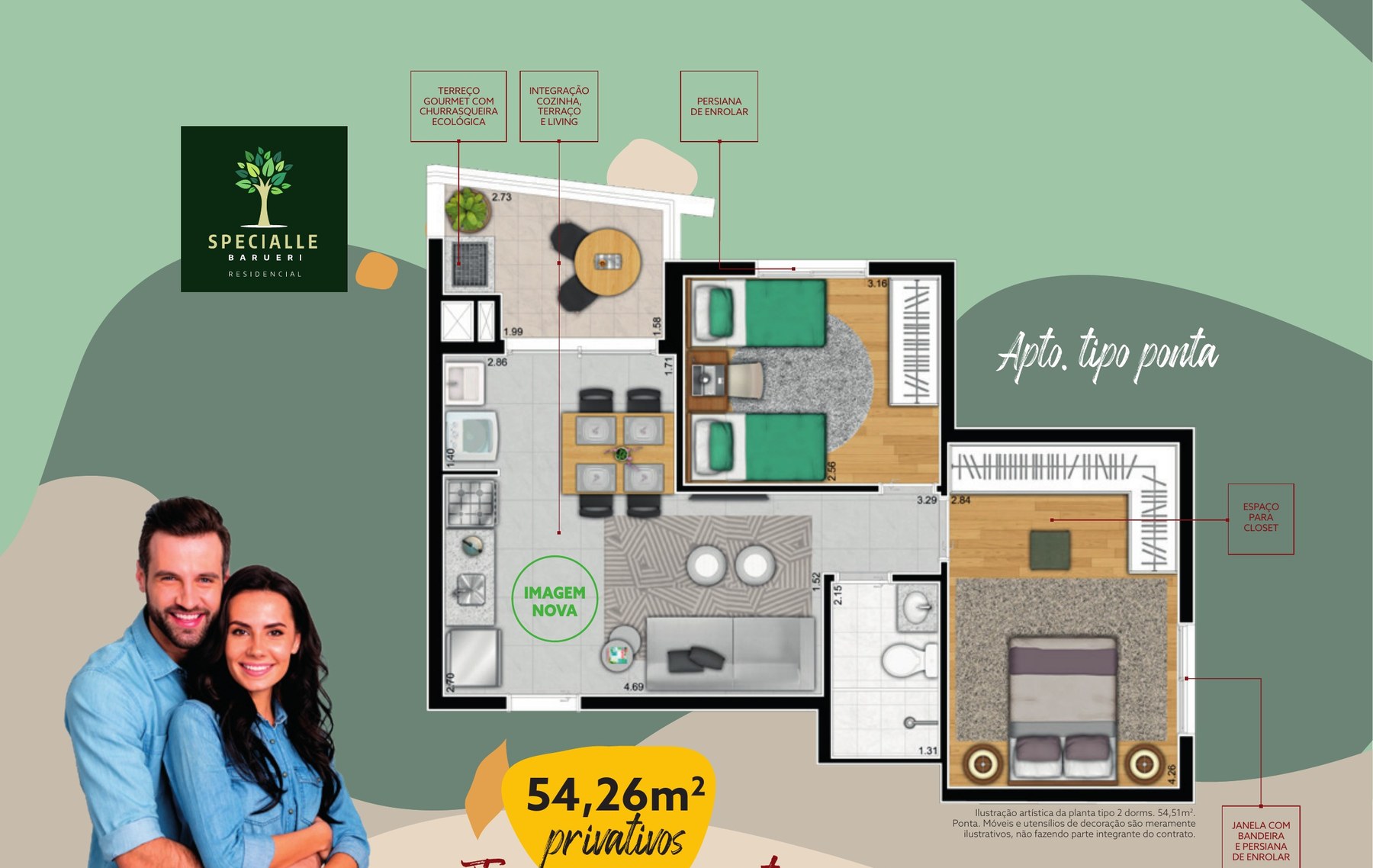 Planta de 54,26 m² — apto. tipo ponta do Specialle Residencial Barueri