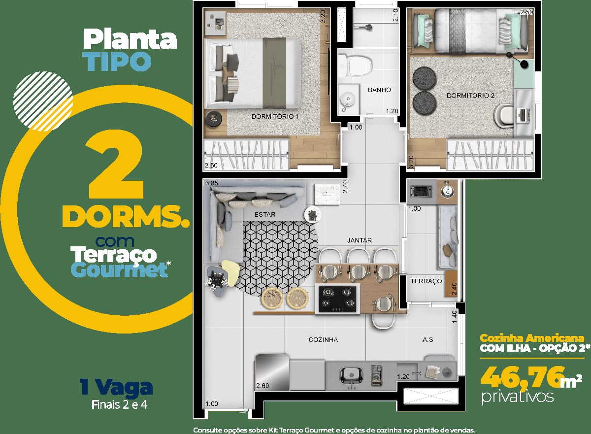 Planta de 46,76 m² do DeMAIS Bela Vista Residencial Clube