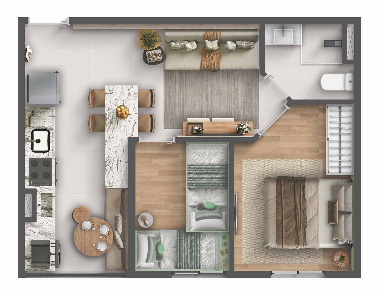 Planta de 39,16 m² do Residencial Momi by BP8