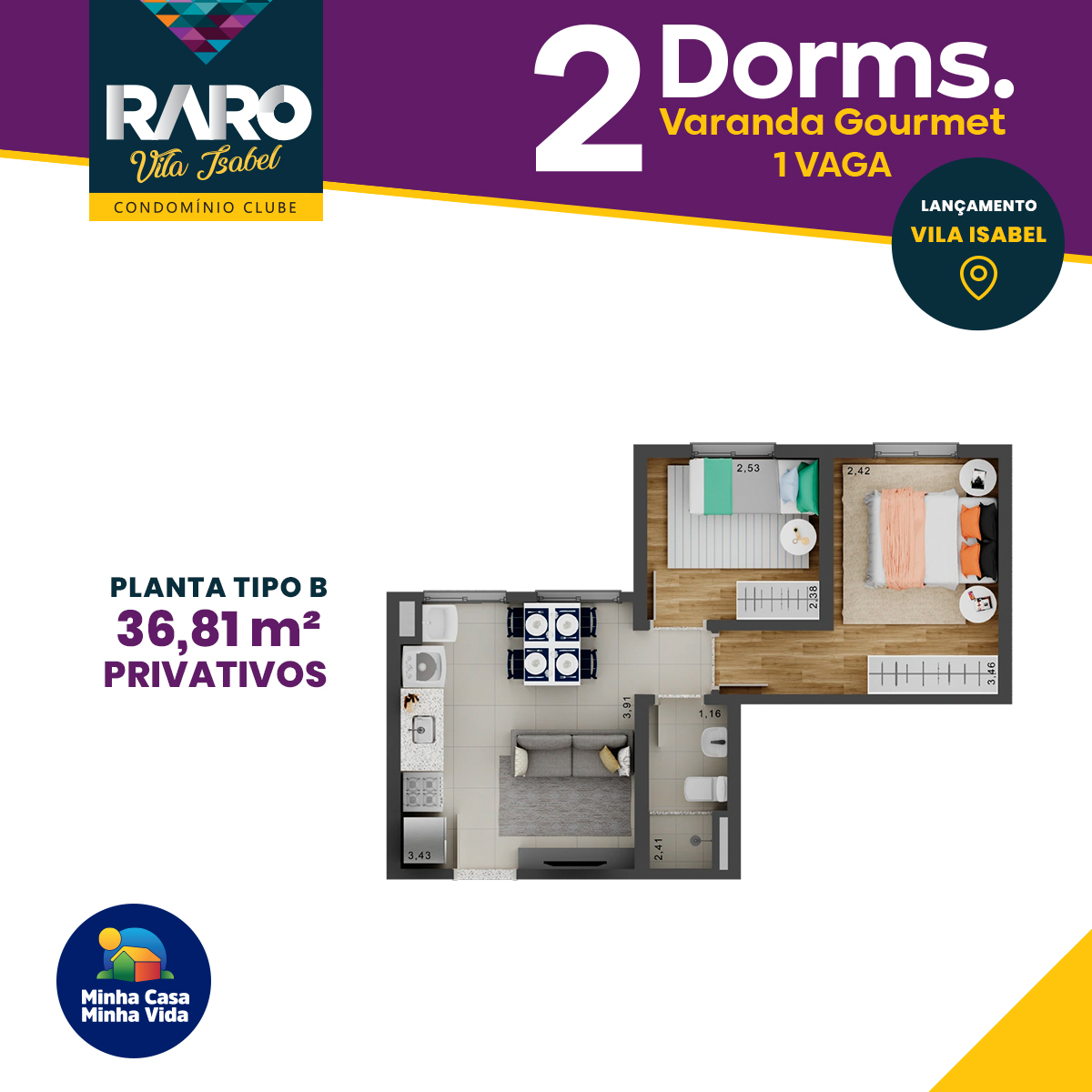 Planta de 36,81 m² do RARO Vila Isabel Condomínio Clube