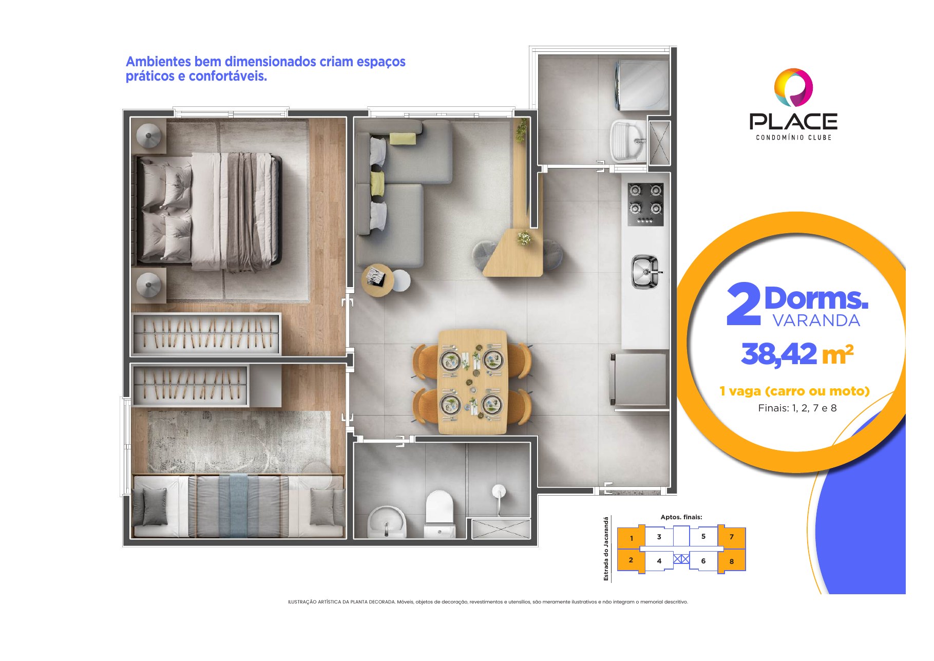 Planta de 38,42 m² do Place Condomínio Clube