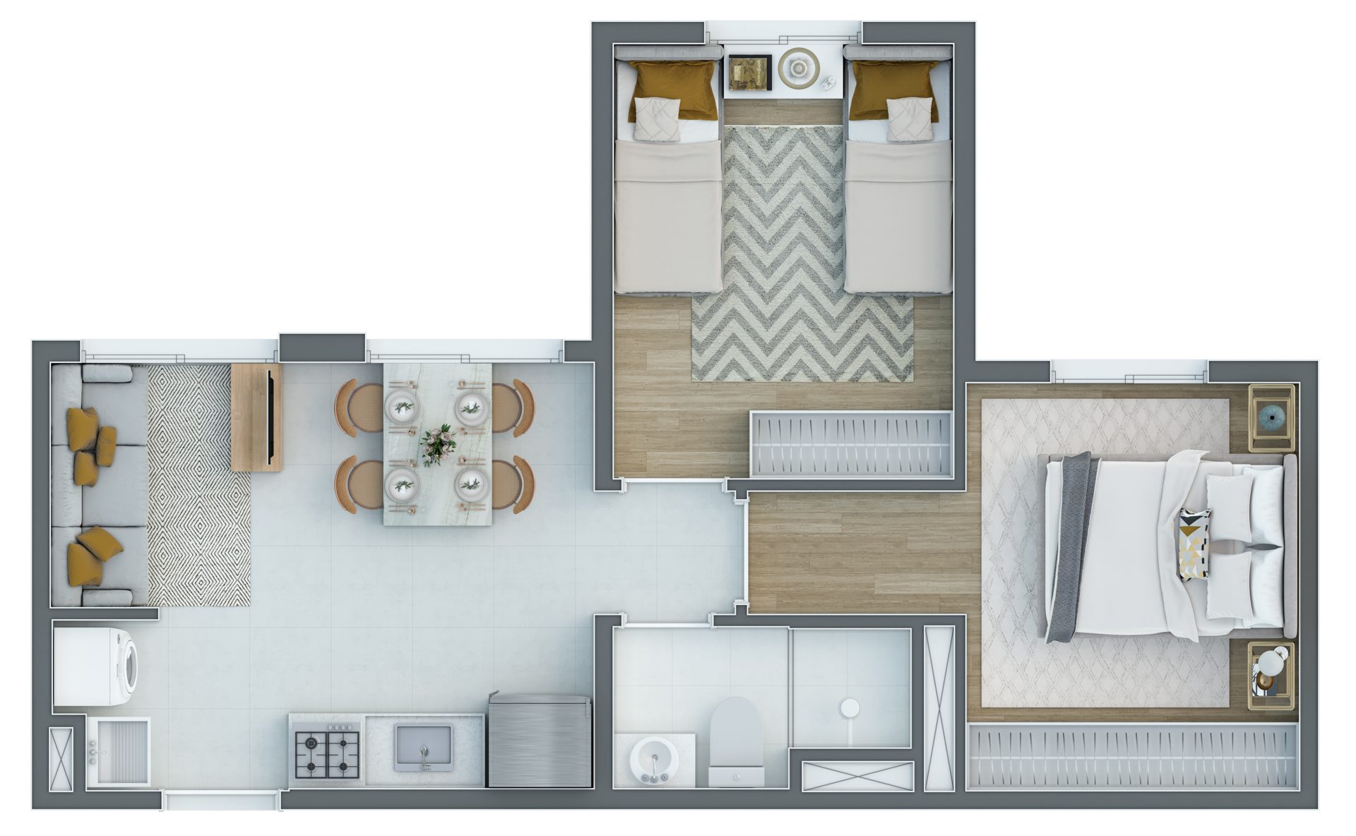 Planta de 36,74 m² — 2 dormitórios (torres 1–3) do Enjoy Home Club