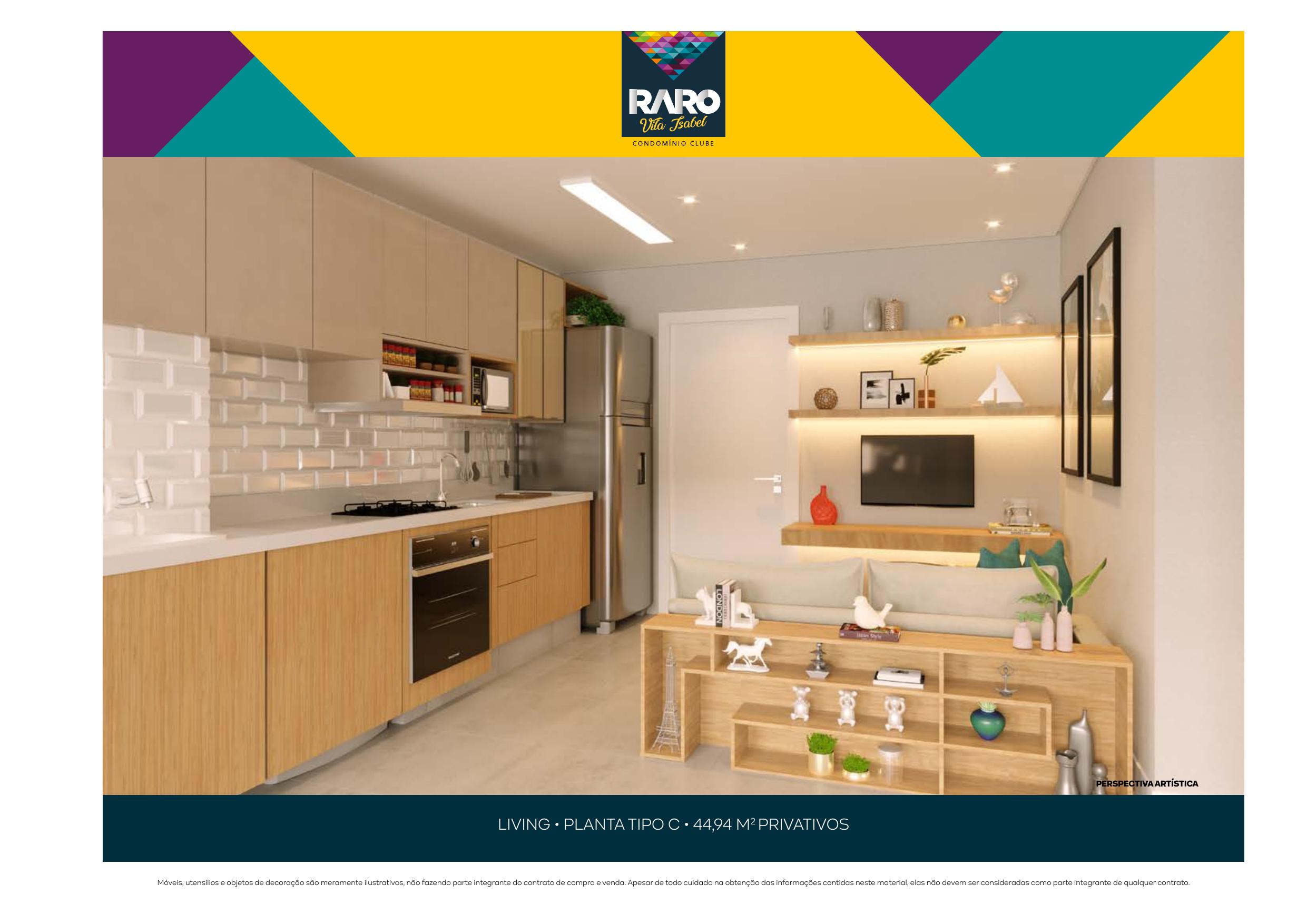 Living — planta tipo C de 44,94 m² — RARO Vila Isabel Condomínio Clube