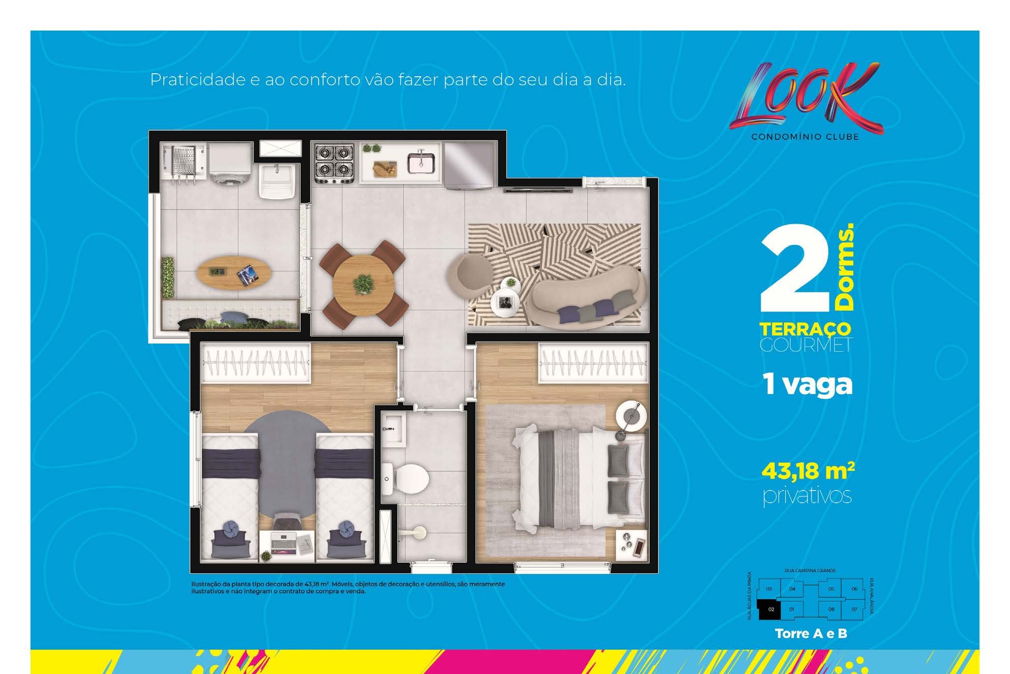 Planta de 43,18 m² do Look Condomínio Clube
