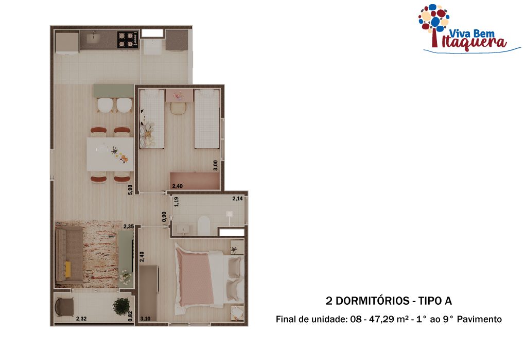 Planta de Tipo A — 1º ao 9º pavimento do Viva Bem Itaquera