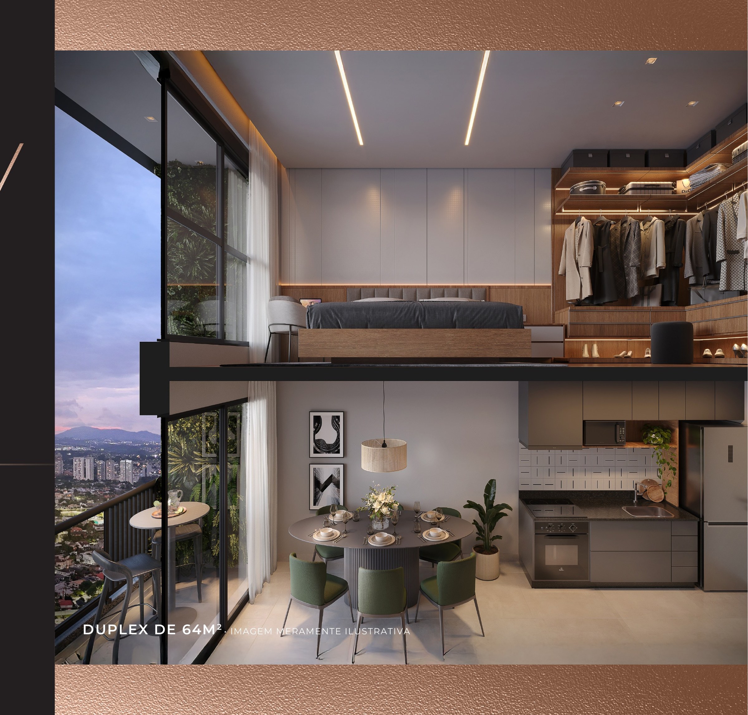 Duplex de 64 m² — cozinha e estar — LIV Stay Residence