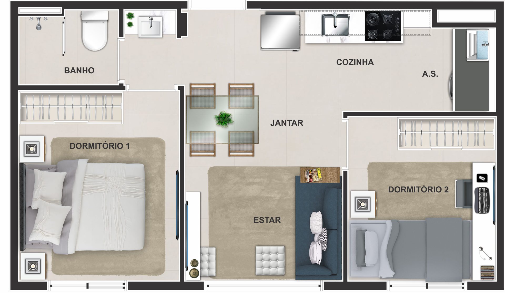 Planta de 33 m² — 2 dormitórios (canto, tipo 04) do Choice Ipiranga