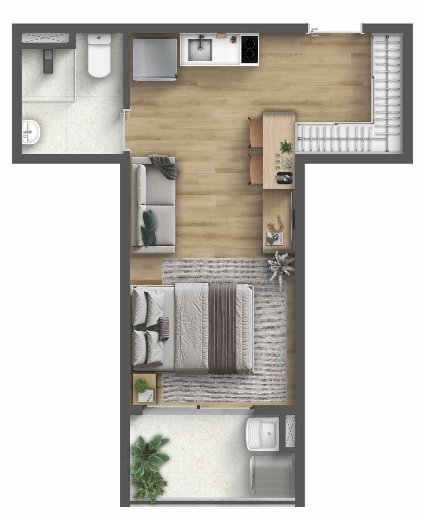 Planta de 27,58 m² do Residencial Momi by BP8