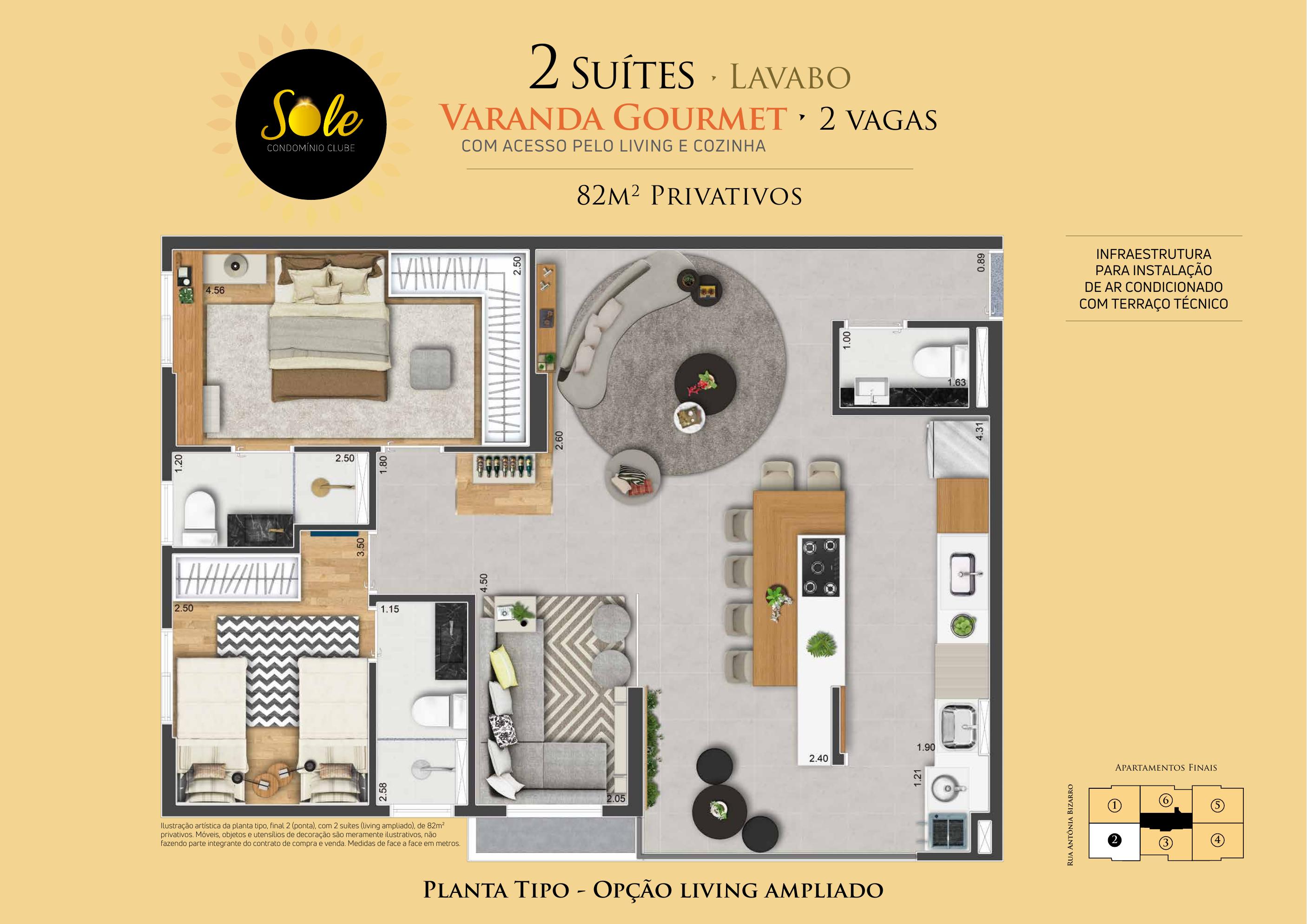 Planta de 82 m² do Sole Condomínio Clube