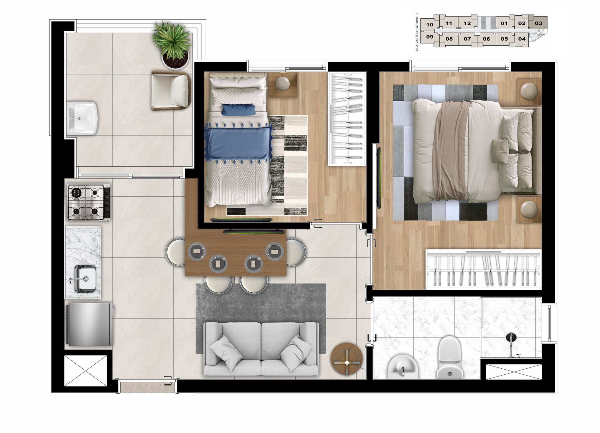 Planta de 36,89 m² do Lev Condomínio Clube Perus