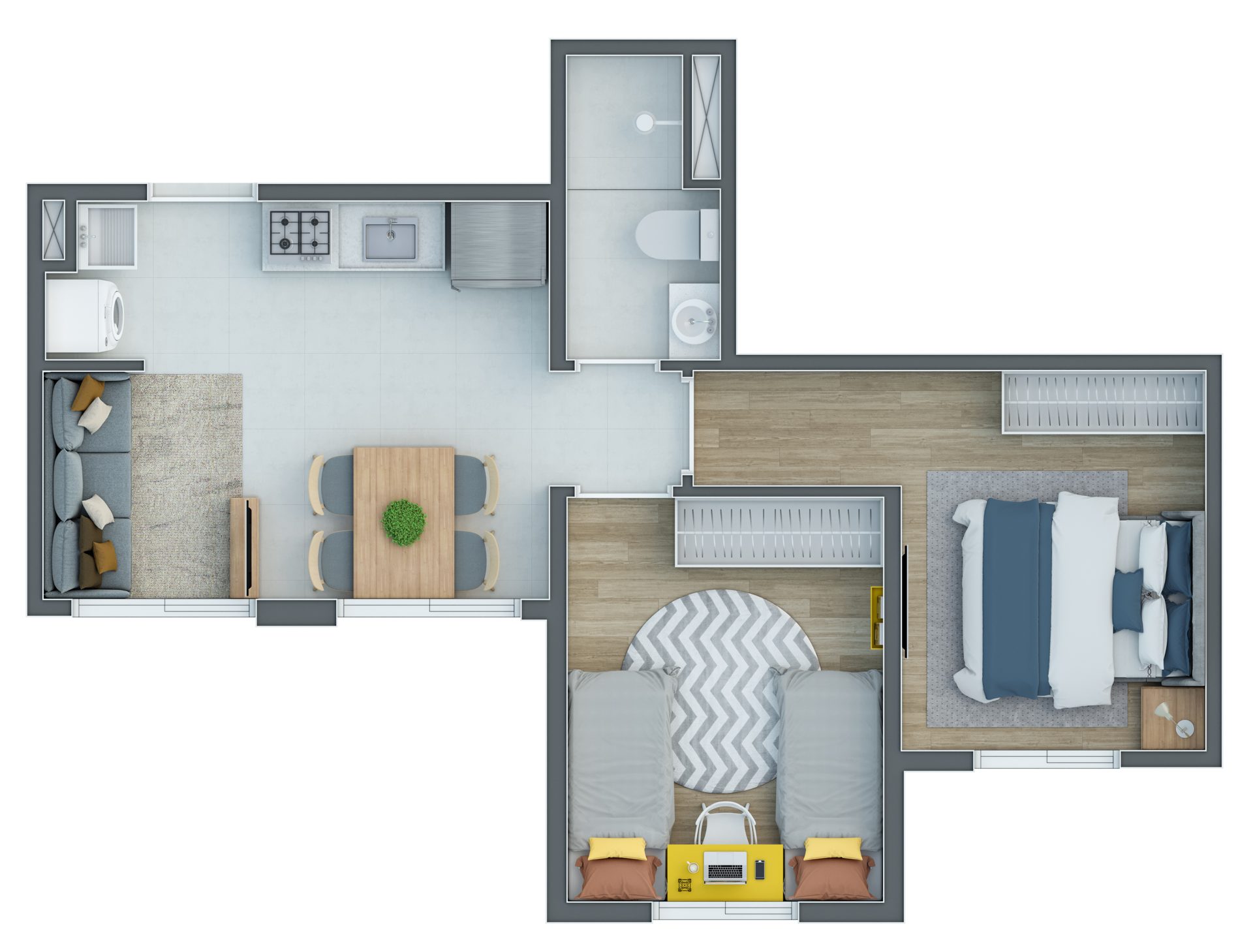 Planta de 40,96 m² — 2 dorms com terraço gourmet (torres 4–7) do Enjoy Home Club