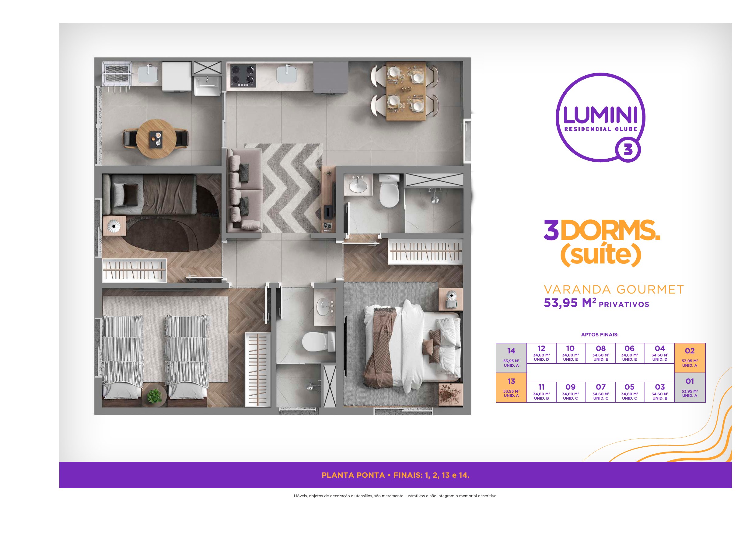 Planta de 53,95 m² · 3 dormitórios (1 suíte) do Lumini 3 Residencial Clube