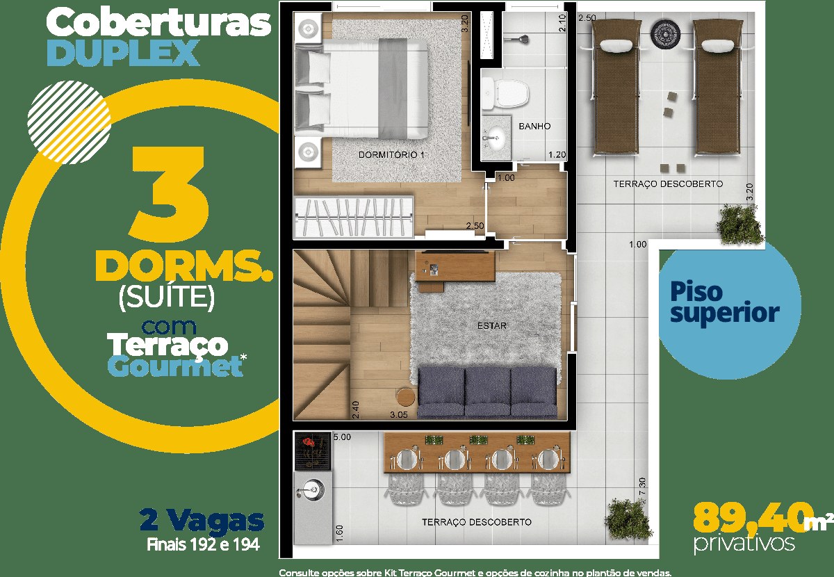 Living da planta de 89,40 m²