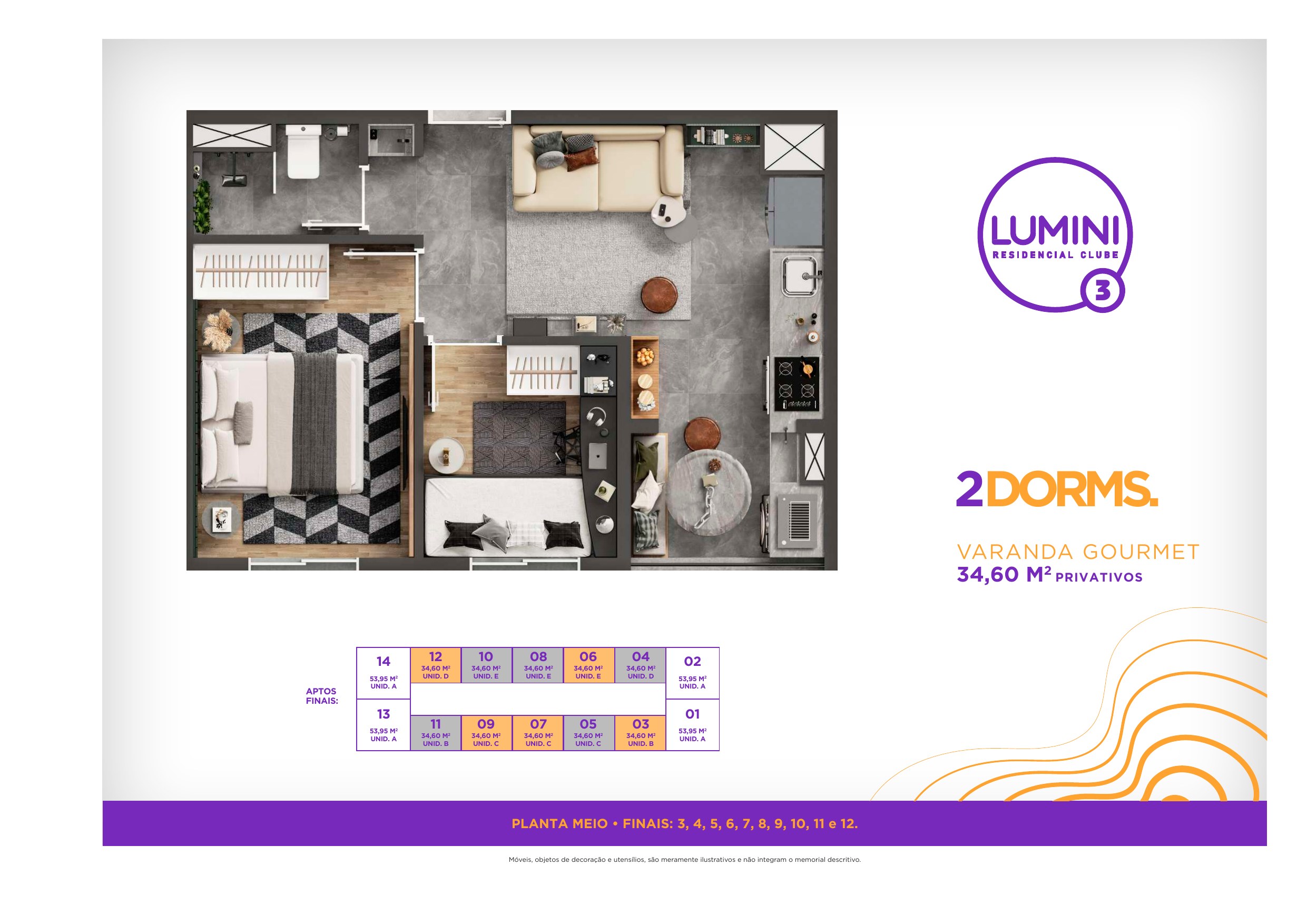Planta de 34,60 m² · 2 dormitórios do Lumini 3 Residencial Clube