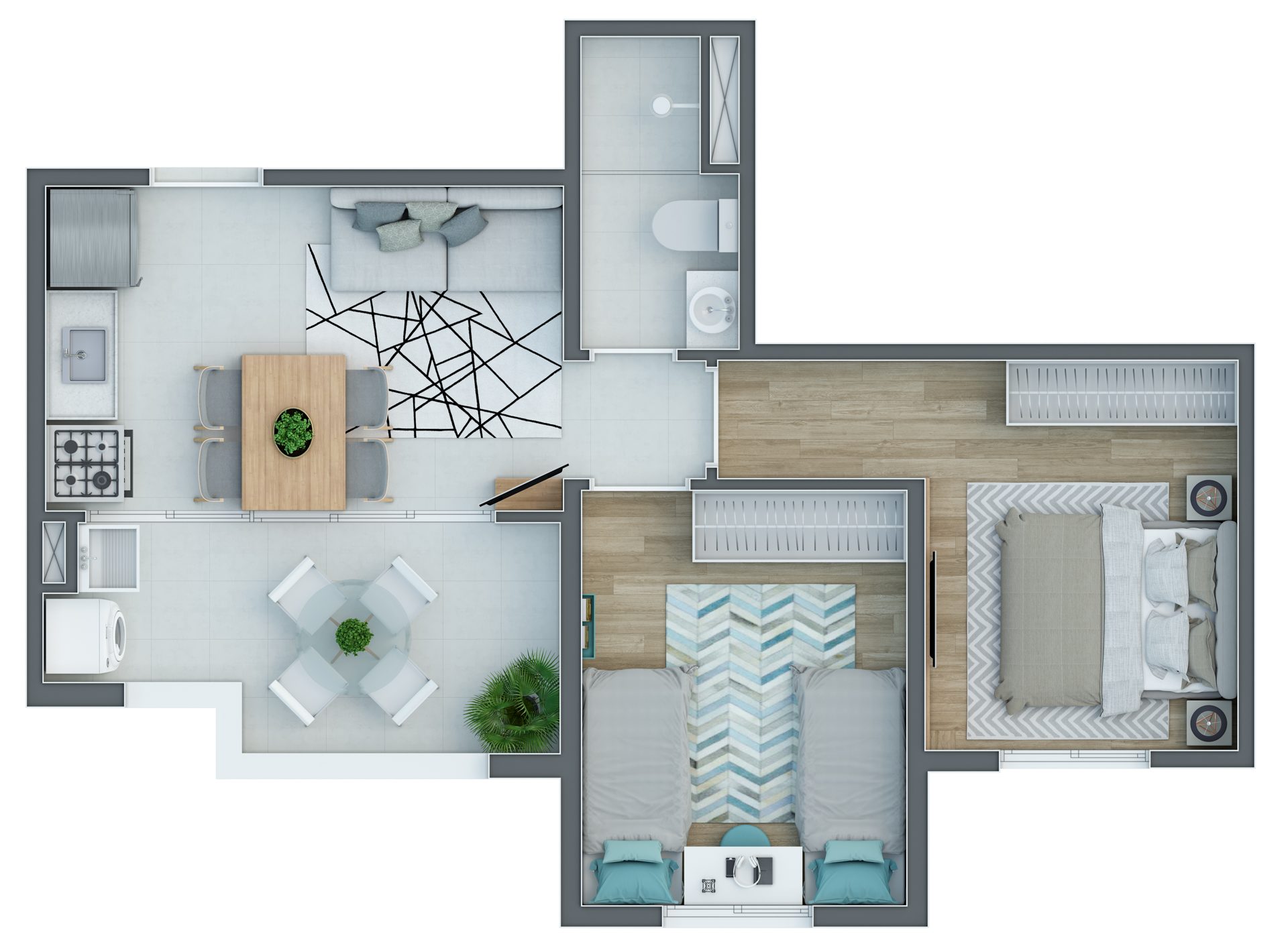 Planta de 41,85 m² — 2 dormitórios PNE (torres 4–7) do Enjoy Home Club