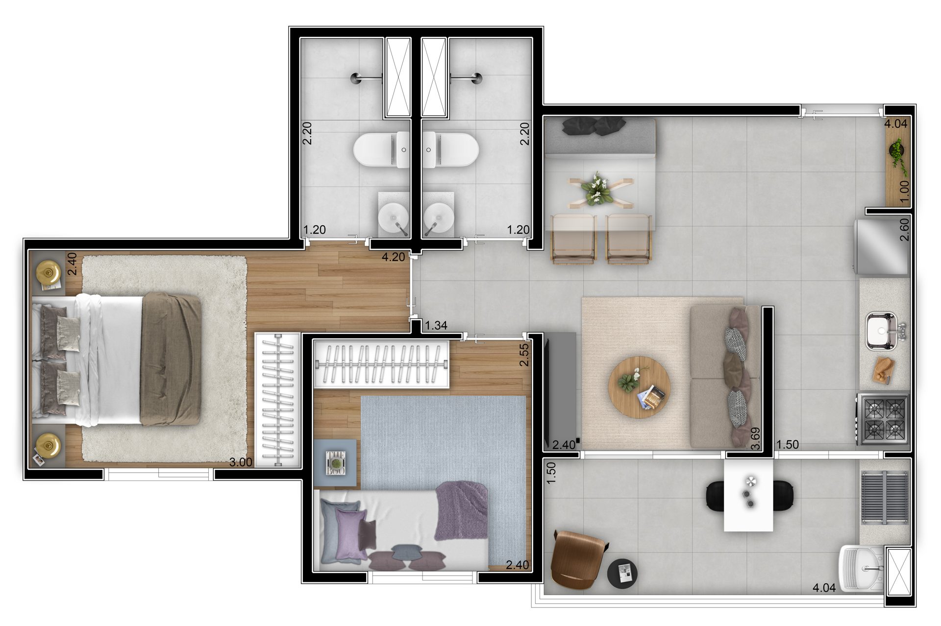 Planta de 47,40 m² — 2 dorms com suíte do Maxim Home Club