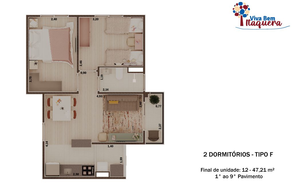 Planta de Tipo F — 1º ao 9º pavimento do Viva Bem Itaquera