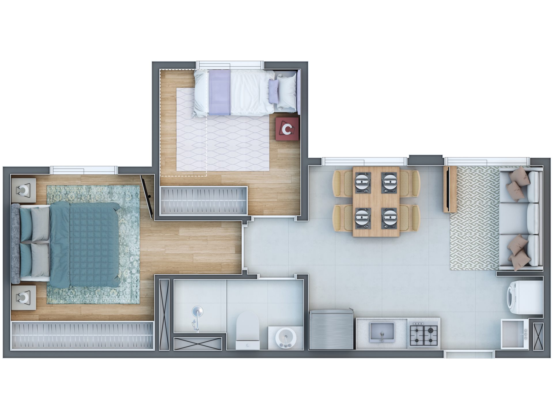 Planta de 35,19 m² — 2 dormitórios (torres 1–2) do Infinity Home Club