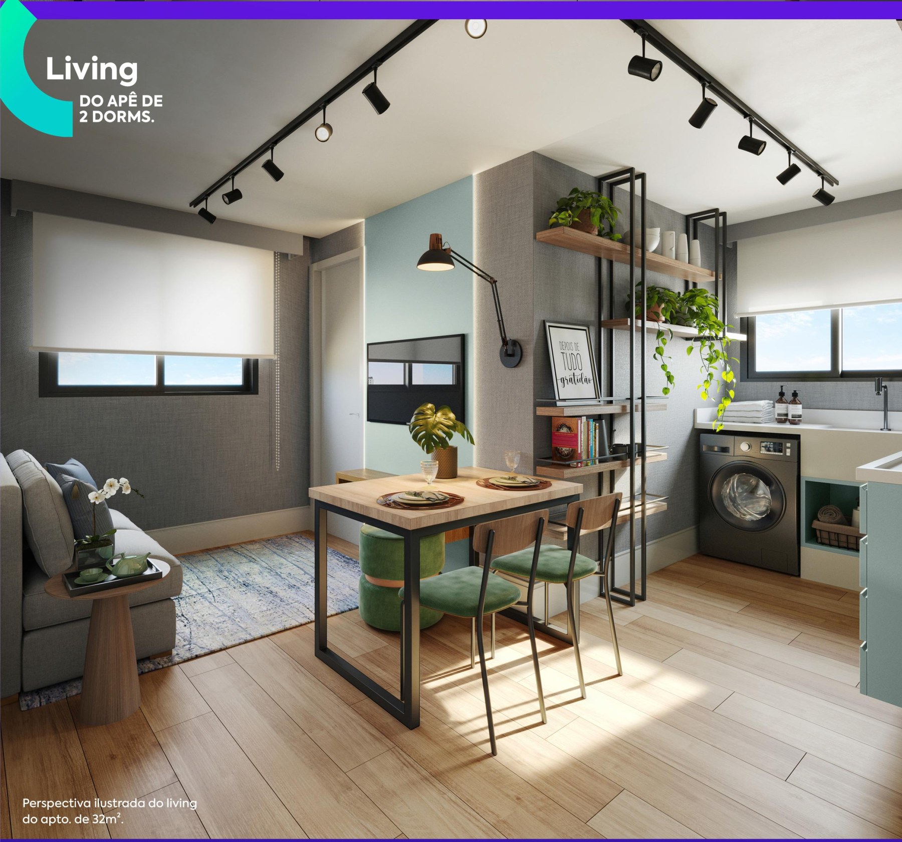 Living do apê de 2 dormitórios (32 m²) — Via Cocá