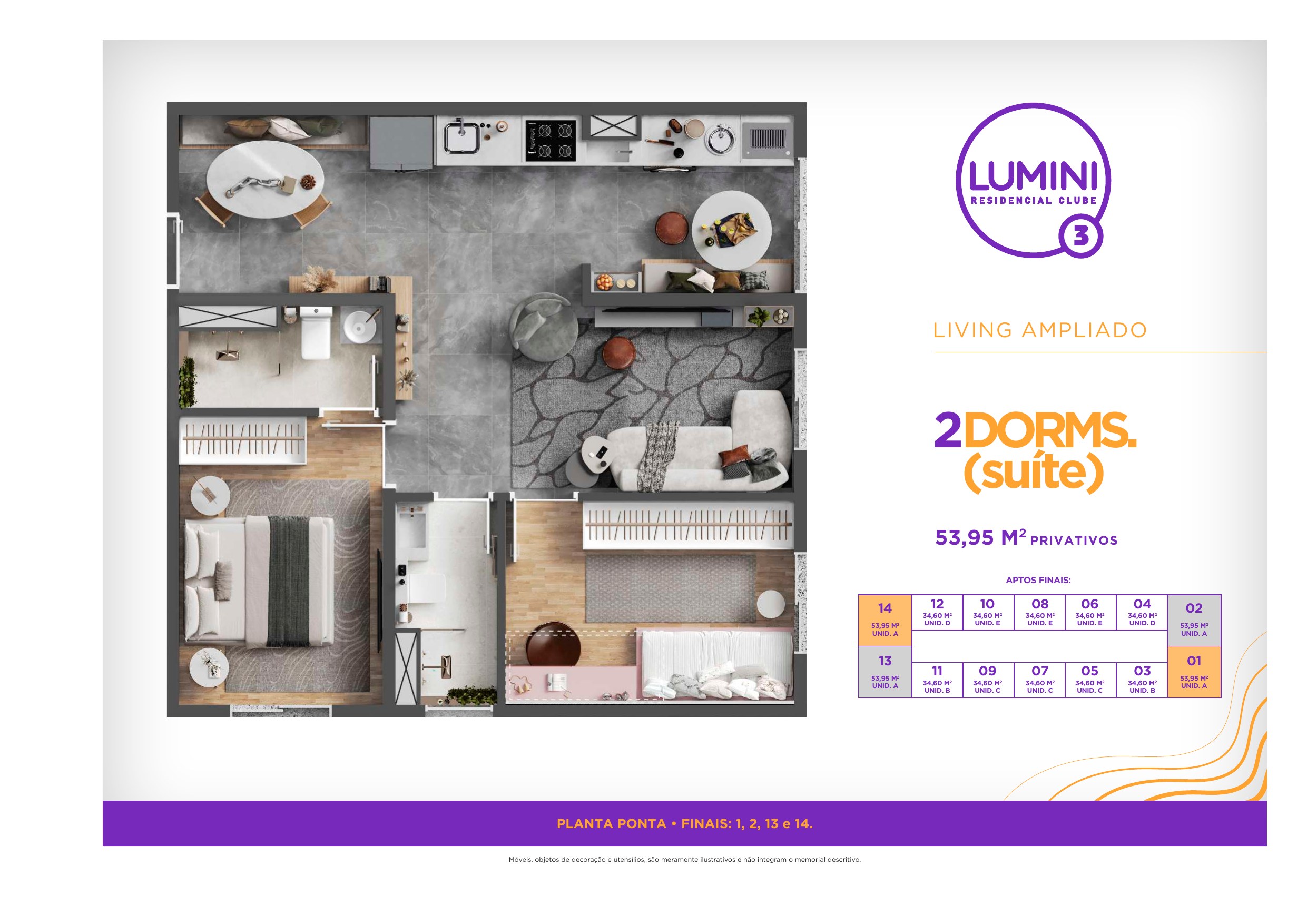 Planta de 53,95 m² · 2 dormitórios (1 suíte) do Lumini 3 Residencial Clube