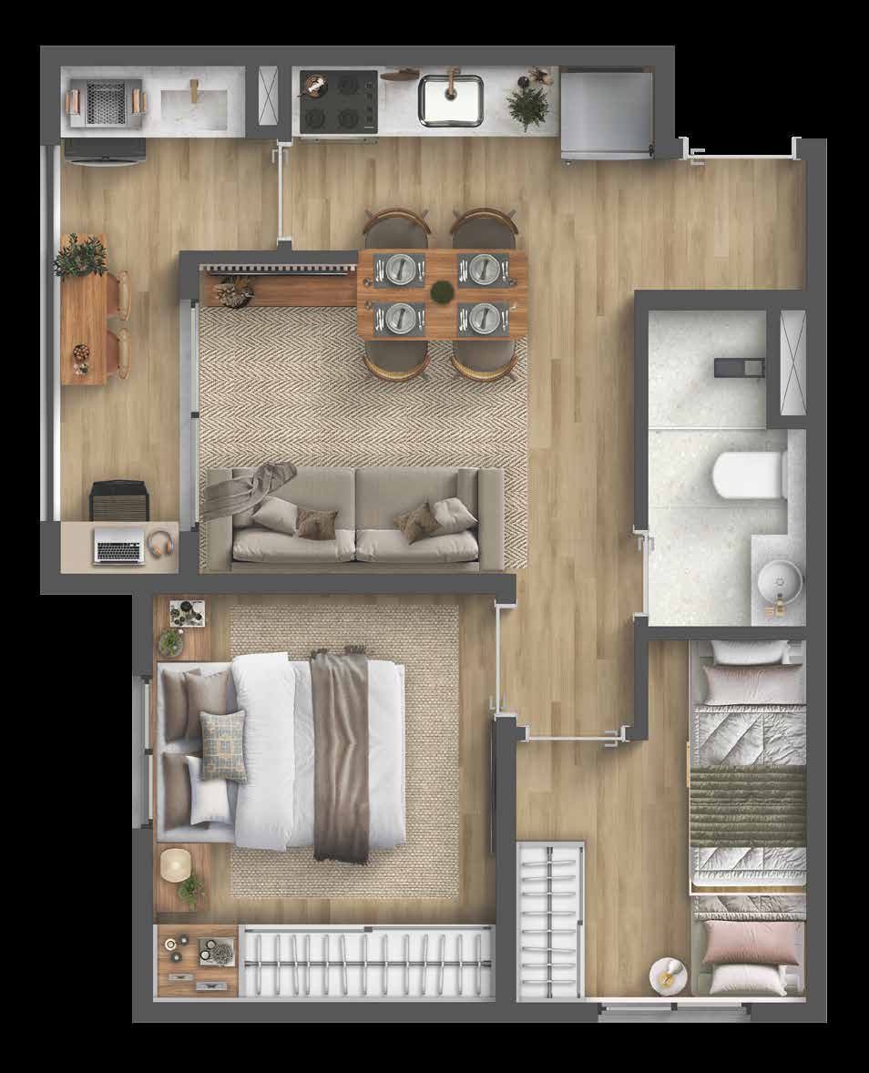 Planta de 39,53 m² do Residencial Momi by BP8