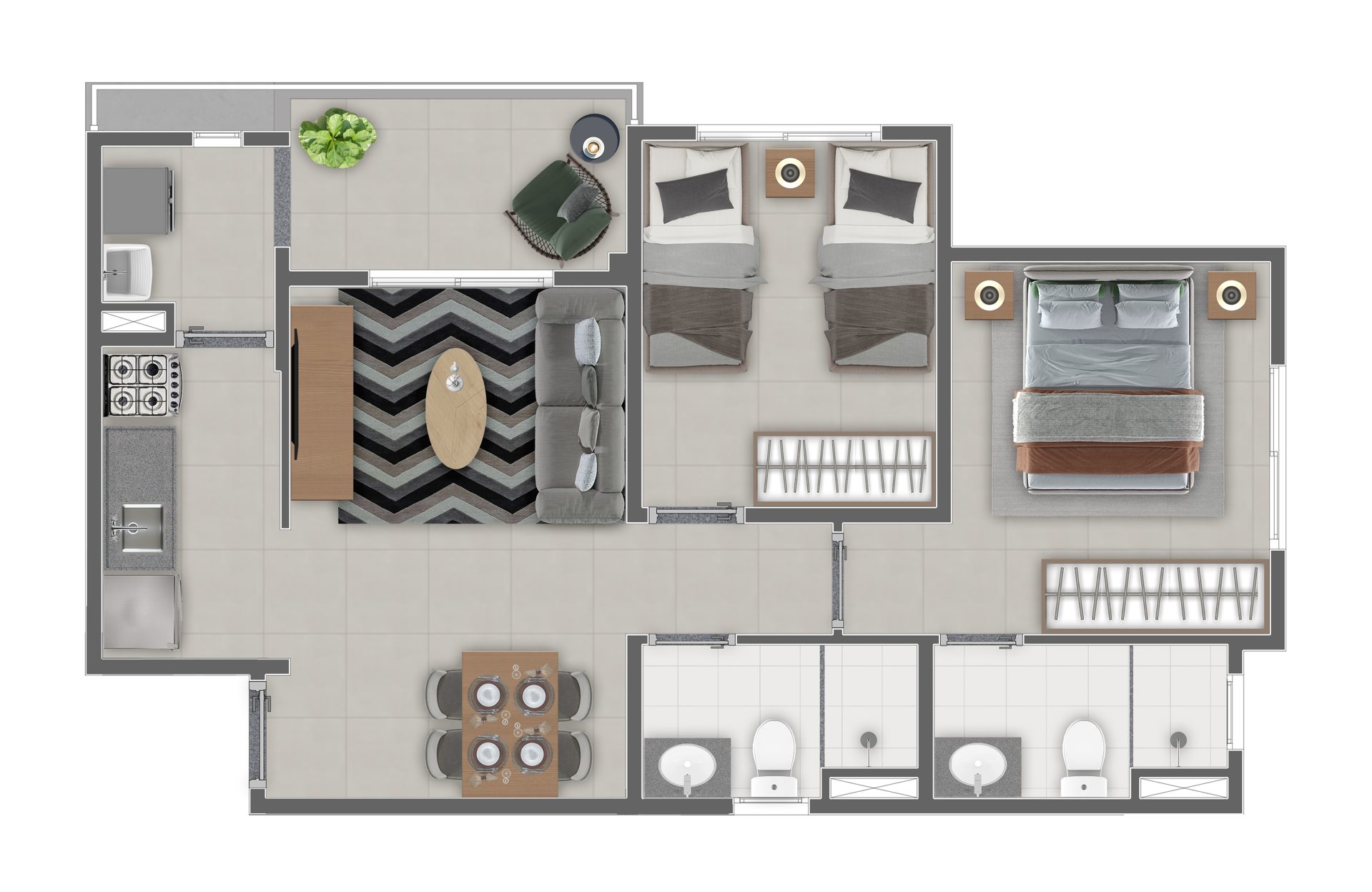 Planta de 53 m² — 2 dormitórios com suíte do Connect Penha